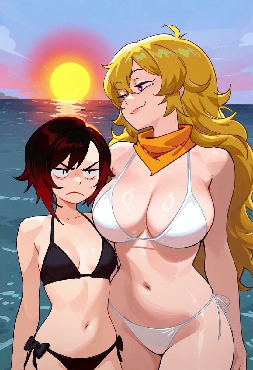 2girls, ai generated, annoyed, annoyed expression, beach background, big breasts, bikini, blonde female, blonde hair, breast envy, breasts, female, female only, long hair, meme, mother daughter boob envy (meme), ruby rose, rwby, sisters, small breasts, smile, smug, smug face, smug smile, tagme, yang xiao long