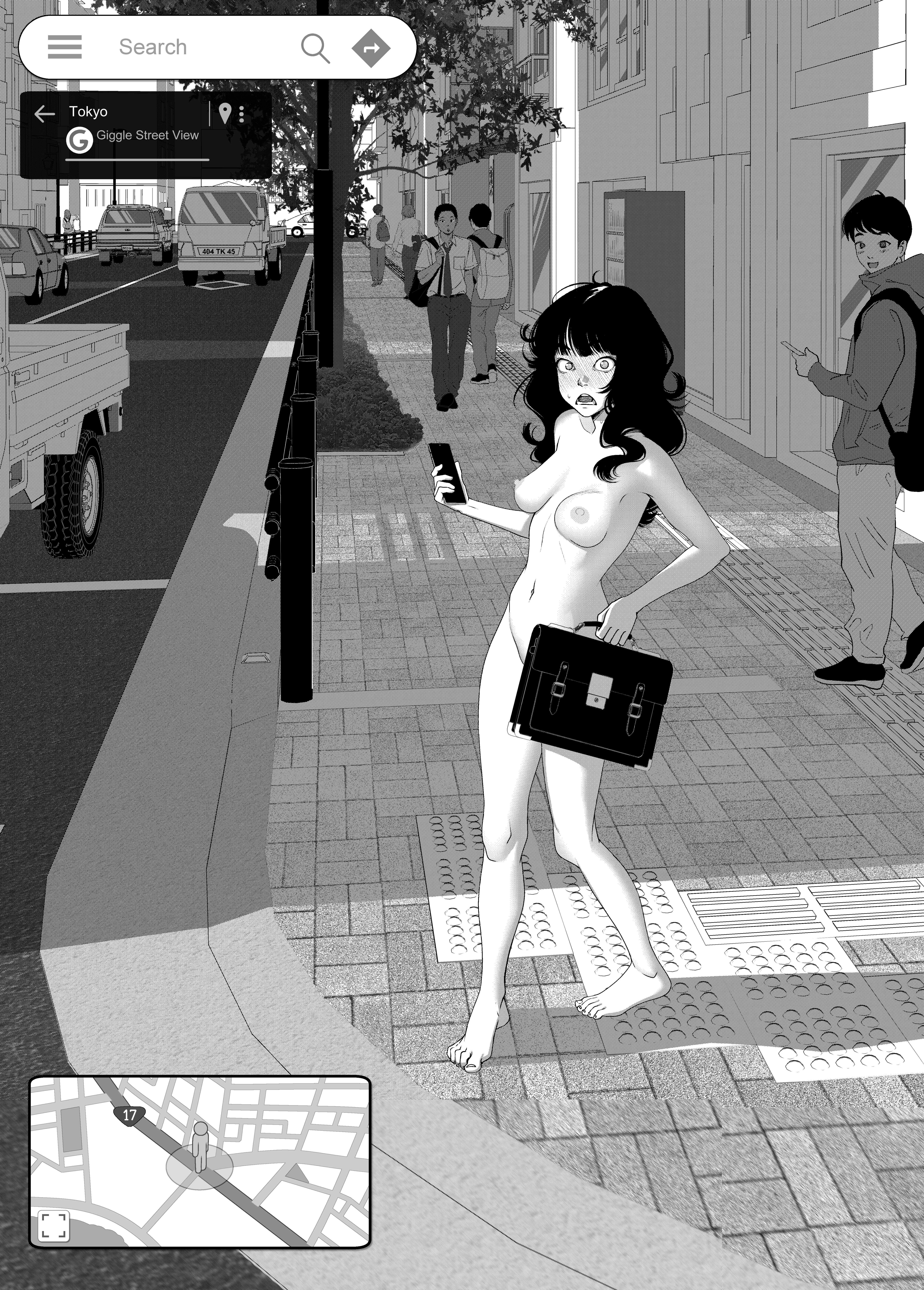 1girls, 5boys, absolutely nothing on, armpit, asian female, background characters, barefoot, barely visible genitalia, barely visible pussy, black hair, blush, blushing, breasts, briefcase, caught naked, caught on camera, clothed male, clothed male nude female, completely naked, completely nude, covering, covering crotch, covering pussy, covering self, d:, embarrassed, embarrassed naked female, embarrassed nude exposure, embarrassed nude female, enf, exposed, exposed breasts, exposed midriff, extreme exposure humiliation, face blush, female, full-face blush, google, google maps, google street view, hi res, highres, holding briefcase, holding phone, holding smartphone, japanese female, kidetic, kusujinn, long hair, looking at another, looking at camera, looking at viewer, male, medium breasts, messy hair, naked, naked female, naked school attendance, nervous sweat, nude, nude female, only one naked, open mouth, original, outdoor nudity, outdoors, permanent nudity, phone, public, public nudity, pussy, sentenced to nudity, shaved armpit, shaved crotch, smartphone, street, sweat, sweatdrop, tagme, televised humiliation, text, uncensored, uncensored version, wide eyed, wide-eyed