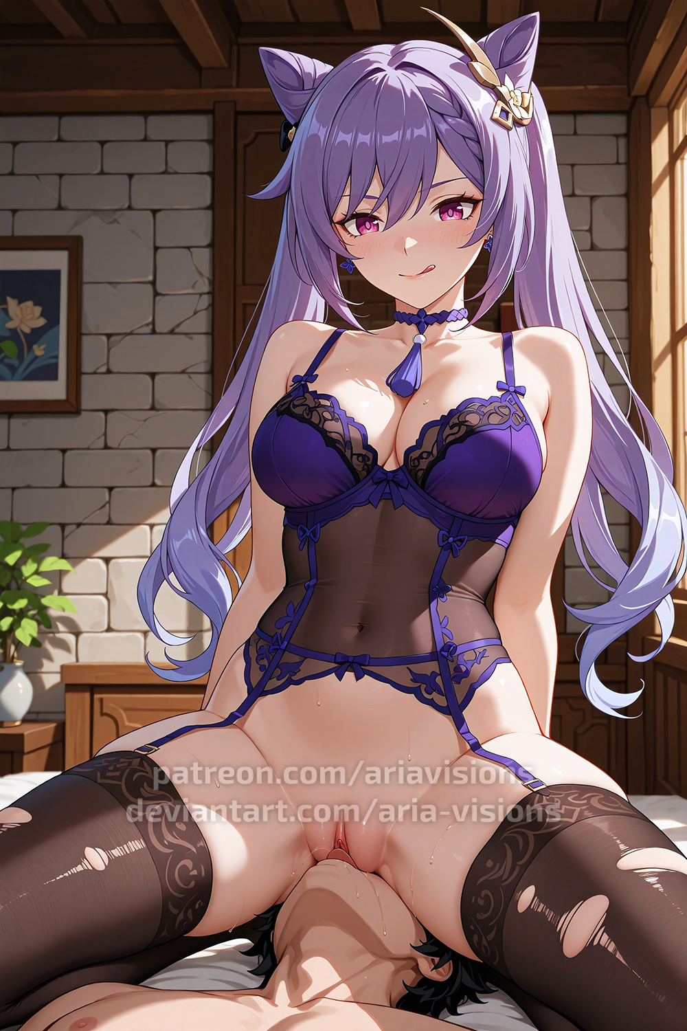 ai generated, bottomless, cunnilingus, facesitting, female, genshin impact, keqing (genshin impact), licking lips, lingerie, purple eyes, purple hair, pussy, pussy juice, sitting on face, sweat, sweatdrop, thick thighs, thigh highs, tongue, tongue out, uncensored