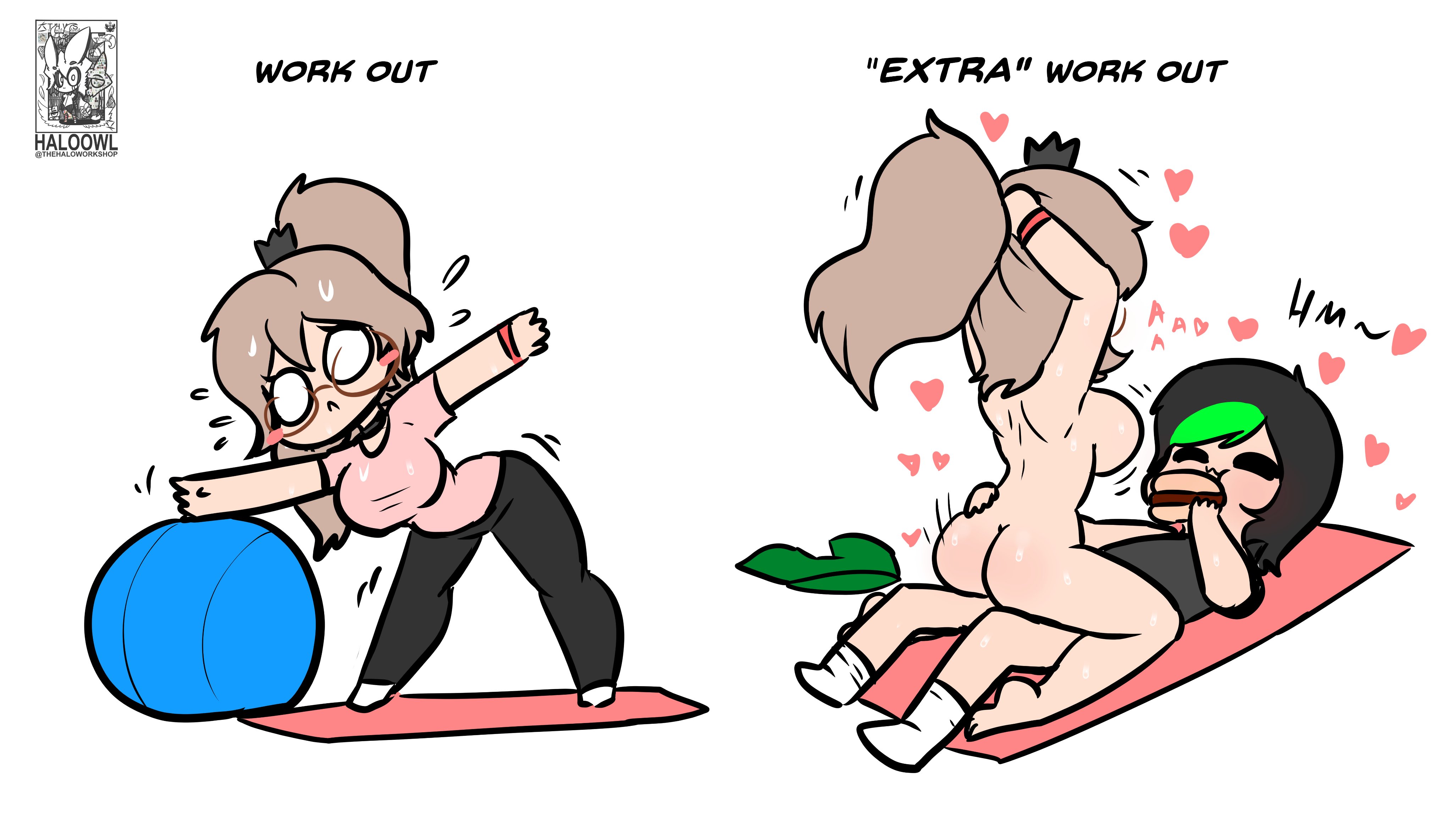 1boy, 1girls, arctic (arcticfoxlabs), ass, cute, exercise, exercise ball, female, haloowl, male, naked, nude, original, original character, ponytail, pussy, queen (someone750), sex, vaginal penetration, workout