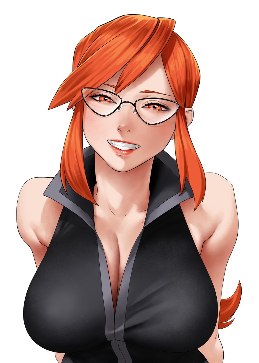 1girls, 2020, 2d, 2d (artwork), adult, adult female, big breasts, breasts, cleavage, clothed, clothed female, elite four, fair skin, fair-skinned female, female, female only, fully clothed, game freak, glasses, human, human female, human only, light skin, light-skinned female, long hair, looking at viewer, lorelei (pokemon frlg), lorelei (pokemon), matching hair and eye color, matching hair/eyes, mature, mature female, nintendo, no sex, orange eyes, orange hair, pokemon, pokemon frlg, pokemon rgby, realistic breast size, sfw, simple background, sleeveless, smile, smiling at viewer, solo, solo female, straight hair, upper body, white background