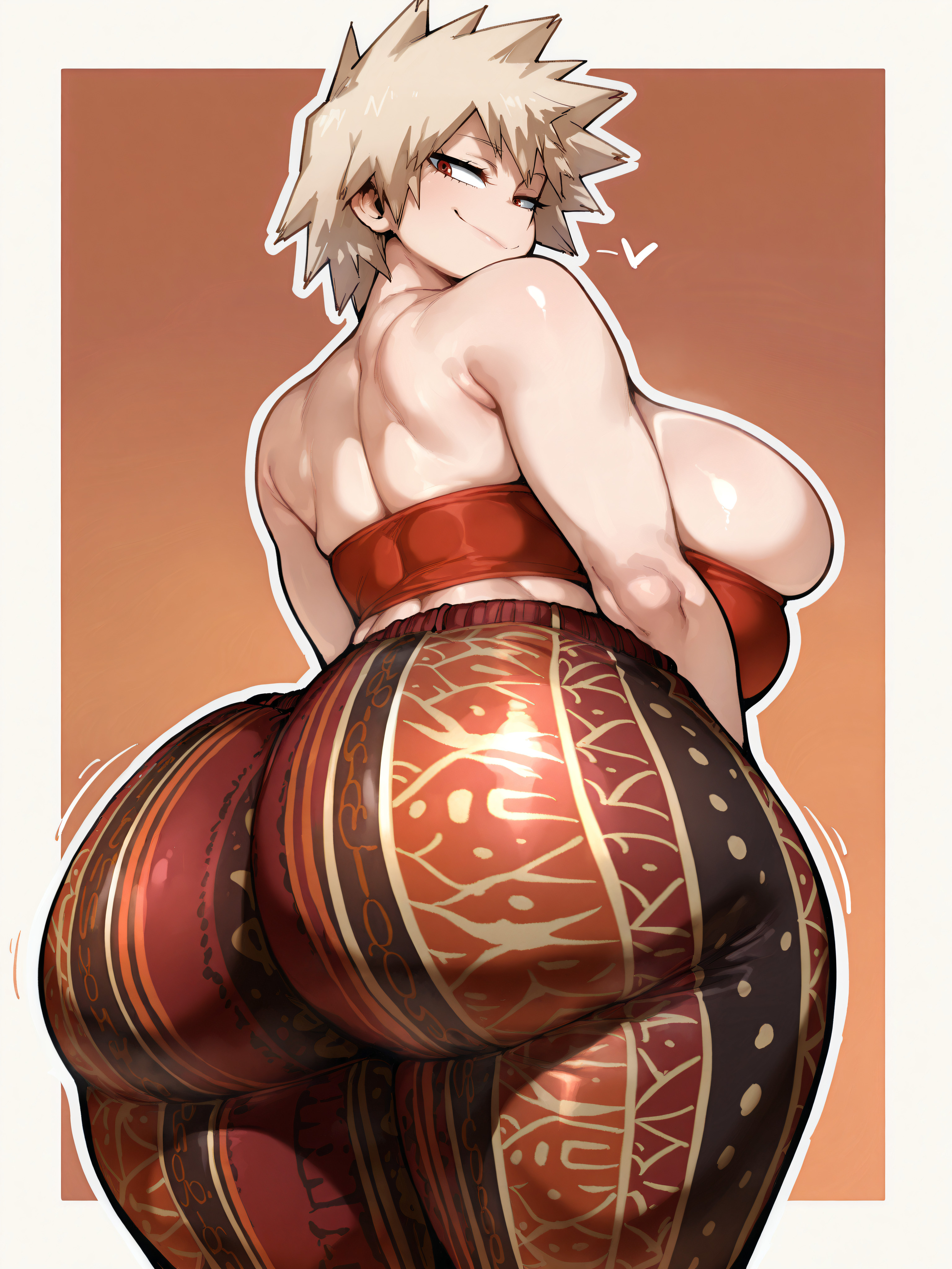 1girls, absurd res, ai assisted, ai generated, ass, ass bigger than head, ass focus, back view, backboob, bent over, big ass, big breasts, blonde hair, boku no hero academia, bottom heavy, breasts, breasts bigger than head, bubble ass, bubble butt, busty, clothed, clothing, curvaceous, curvy, curvy female, digital media (artwork), eyebrows, eyelashes, fat ass, female, female focus, female only, flare pants, forbidden pants, gigantic ass, glistening, glistening body, hi res, hourglass figure, huge ass, huge breasts, light skin, light-skinned female, looking at viewer, looking back, mature female, meme, milf, mitsuki bakugou, motion lines, my hero academia, oatmealdood, older female, red eyes, solo, thick thighs, twitter link, voluptuous, voluptuous female, wide hips