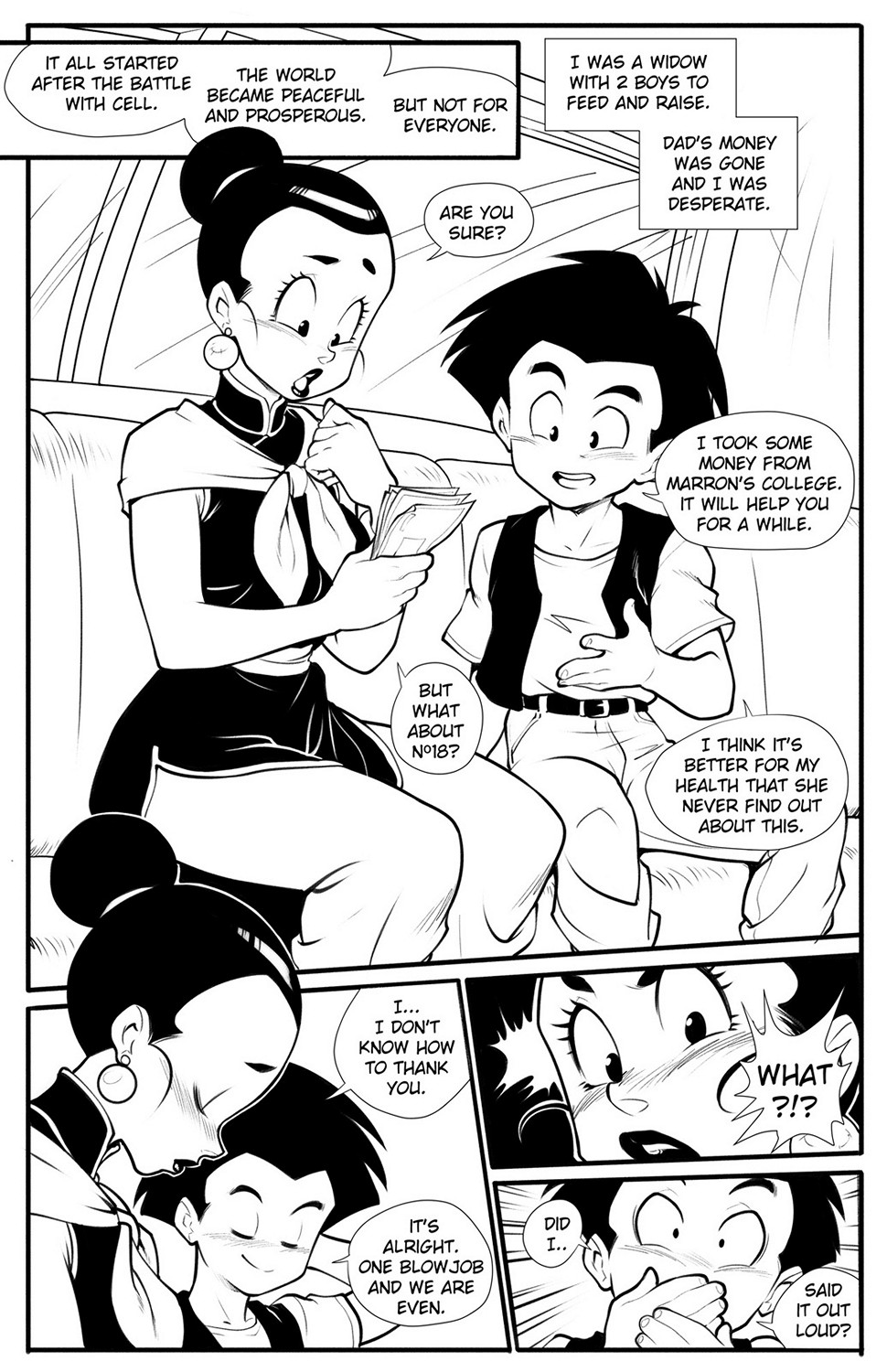1boy, 1girls, bikini, black and white, black hair, cheating wife, chichi, comic, dragon ball, dragon ball z, female, fully clothed, hair bun, krillin, kuririn, long hair, male, milf, money, monochrome, mother, prostitution, r ex