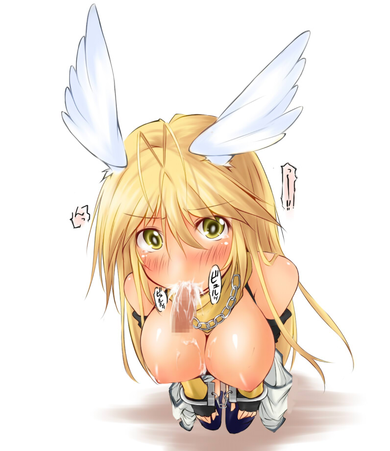 1boy bikini bikini_top_only black_bikini black_gloves blonde_hair blue_thighhighs blush breasts breasts_out chain_necklace chains cleavage commentary_request cum cum_in_mouth cum_on_body cum_on_breasts ejaculation elbow_gloves feathered_wings fellatio female fingerless_gloves full_body gloves hair_between_eyes hands_on_own_knees head_wings jewelry jumpsuit jumpsuit_around_waist kaminagi_(kaminagi-tei) large_breasts looking_at_viewer mechanic_(ragnarok_online) necklace nipples open_mouth oral penis ragnarok_online simple_background solo_focus straight swimsuit thighhighs white_background white_jumpsuit white_wings wings yellow_eyes