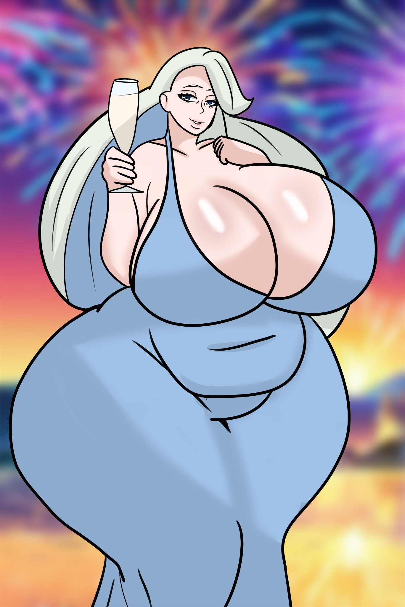1girls, 2020s, 2024, bakunyuu, belly visible through clothing, blue dress, breasts, champagne, champagne glass, child bearing hips, chubby, chubby female, cleavage, cleavage overflow, eyes half open, female, fireworks, full figured, fully clothed, gigantic breasts, holding, holding drink, holding drinking glass, huge breasts, massive breasts, melony (pokemon), milf, mommy, new year, nintendo, plump belly, plump breasts, plump thighs, pokemon, seductive, seductive look, seductive smile, shiny skin, shinyoppai, smiling, smiling at viewer, solo, solo female, solo focus, textless, thick thighs, thunderthighs, tight clothing, twitter link, venus body, voluptuous, voluptuous female, wide hips