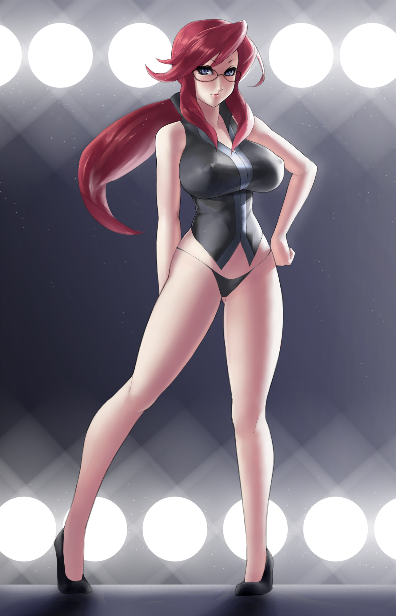 blue eyes, breasts, curvy, elite four, female, female only, glasses, large breasts, legs, long hair, lorelei (pokemon frlg), lorelei (pokemon), nintendo, nipples, nipples visible through clothing, panties, pokemon, pokemon frlg, pokemon lgpe, pokemon rgby, red hair, solo, spotlight, tagme, thick thighs, thighs, thin waist, thong, voluptuous