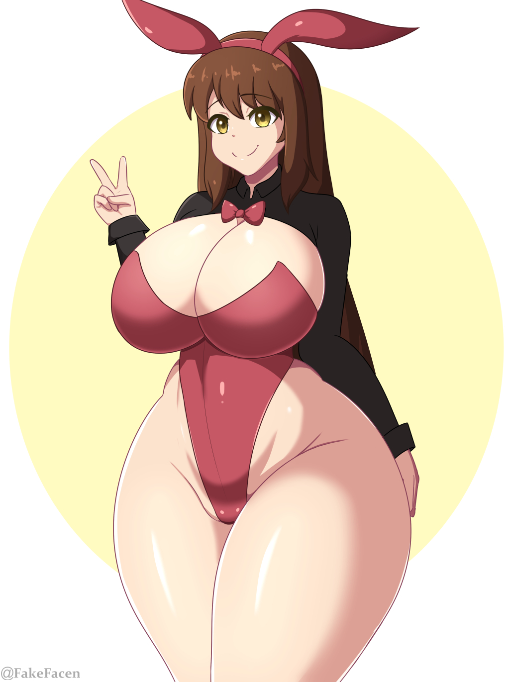 1girls, big breasts, breasts, brown hair, bunny ears, bunnysuit, curvaceous, curvy figure, eye contact, fake face, female, huge breasts, huge thighs, large breasts, leotard, long hair, looking at viewer, narrow shoulders, original, original character, smile, solo, standing, thick thighs, thighs, thin arms, thin waist, voluptuous, wide hips, yellow eyes