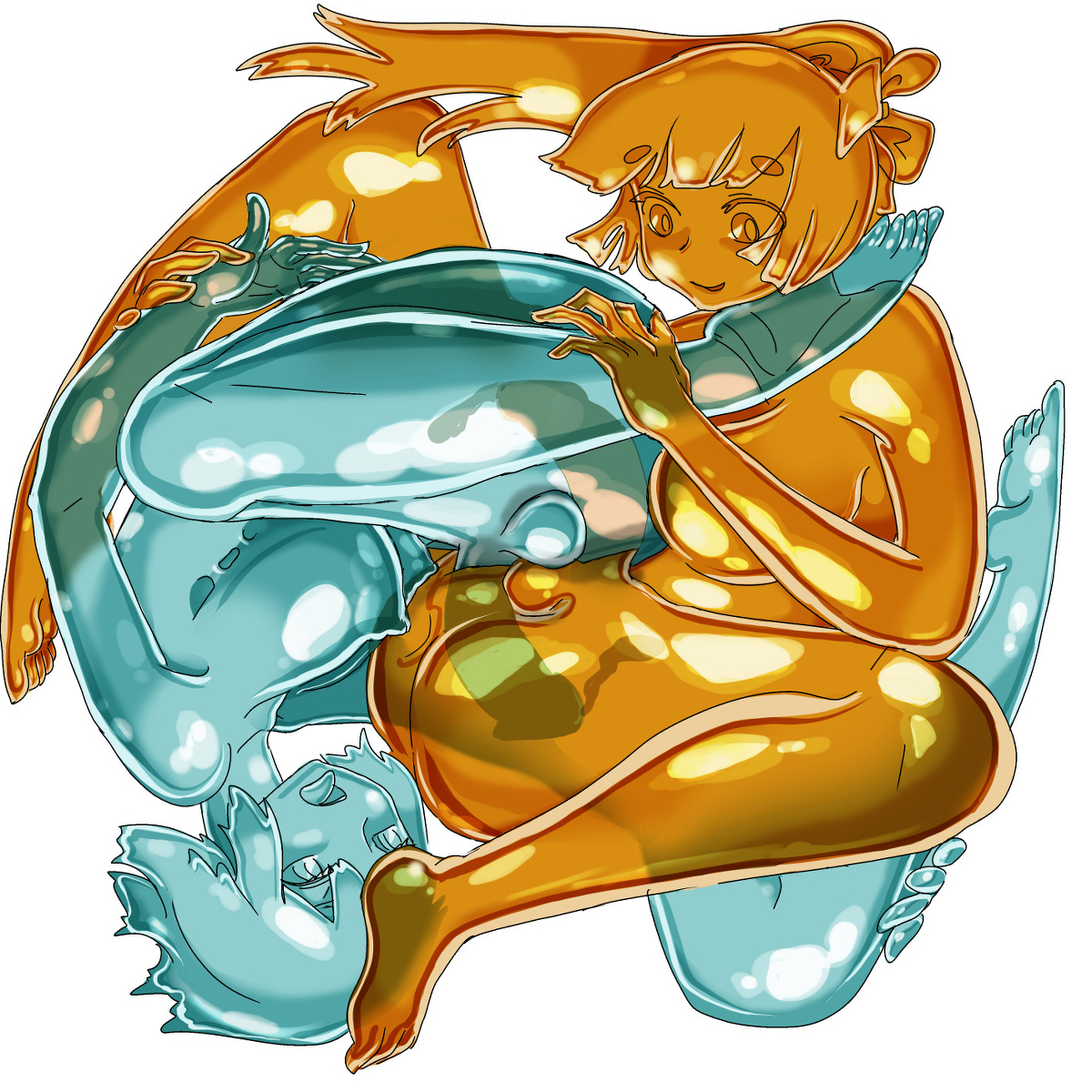 2futas, archipelagor18, balls, blue, blue body, cum, cum in pussy, ejaculation, female, full-package futa, futa sans balls, futanari, intersex, mutual insertion, mutual penetration, non-human yuri, orange, orange body, pussy, slime, slime girl, translucent body, uncensored, vaginal penetration