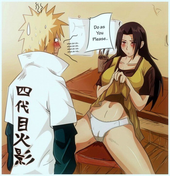 1boy, 1girls, bangs, black hair, blush, cameltoe, clothing, commentary, dress, dress lift, dress shirt, female, flashing, heavy blush, indrockz, indy riquez, inviting, inviting to sex, long hair, male, milf, namikaze minato, naruto, naruto (series), naruto shippuden, nervous, panties, pussy, red eyes, sharingan, speech bubble, sweat, sweatdrop, talking, text, uchiha mikoto, underwear, vagina, yellow hair