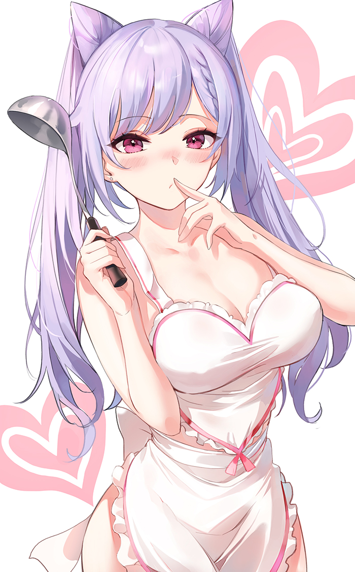 1girls, apron, blush, breasts, female, genshin impact, keqing (genshin impact), large breasts, looking at viewer, naked apron, purple eyes, purple hair, twintails