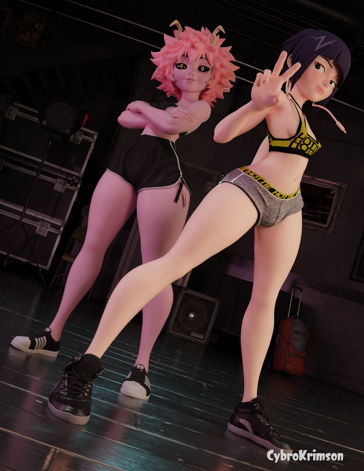 2girls, 3d, blender, boku no hero academia, clothing, cybrokrimson, female, female only, kyoka jiro, mina ashido, multiple females, multiple girls, my hero academia, pink body, pink hair, purple hair, short hair, shorts, teenager