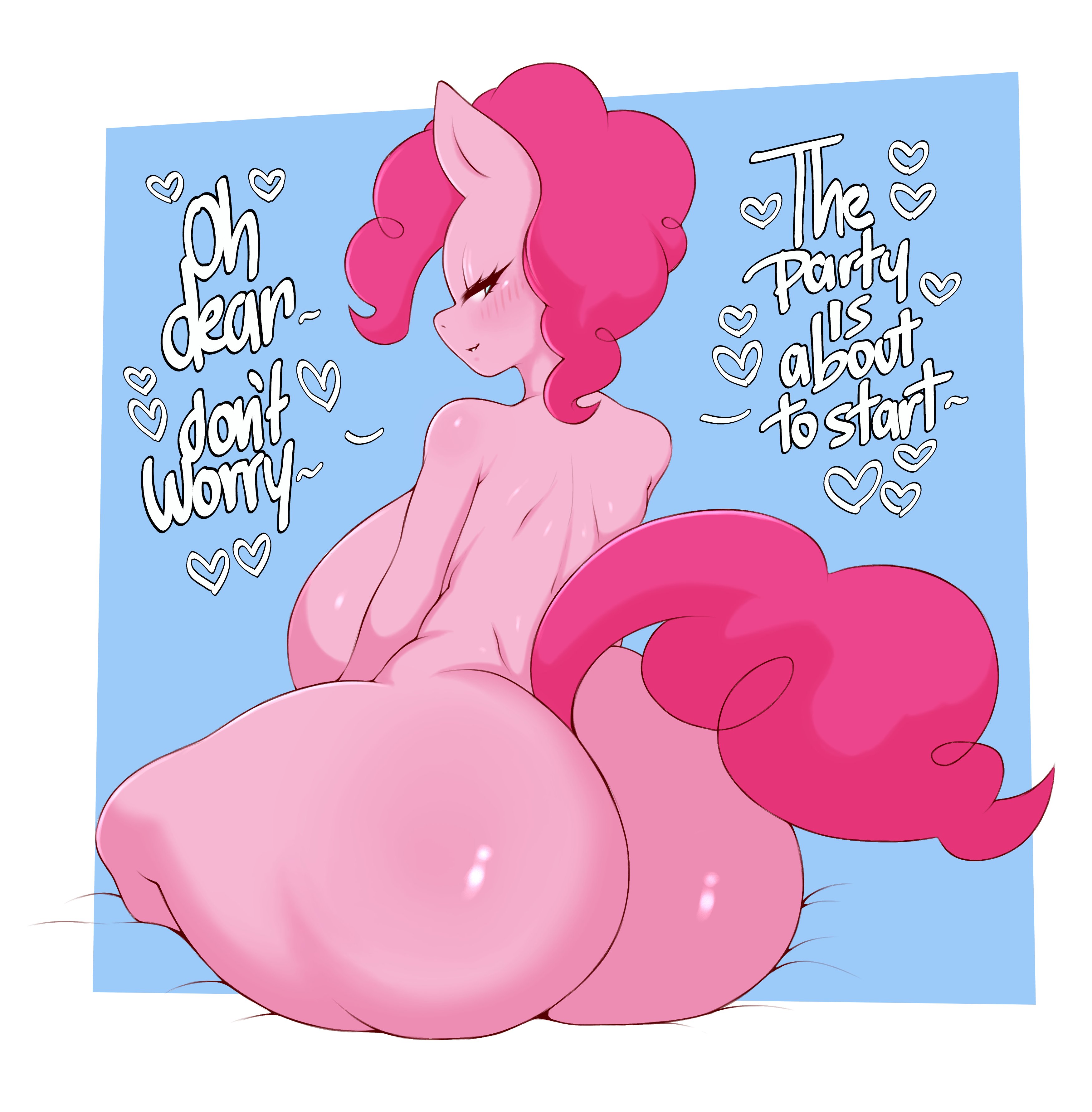 1girls, anthro, ass, ass crack, big ass, big breasts, blue eyes, blush, breasts, butt crack, eye contact, fat ass, female, female only, friendship is magic, furry, huge ass, huge breasts, large ass, large breasts, looking at viewer, looking back, my little pony, pink body, pink hair, pinkie pie (mlp), saltyxodium, sitting, straight hair, tail, text, thick ass, thick thighs, thighs, voluptuous