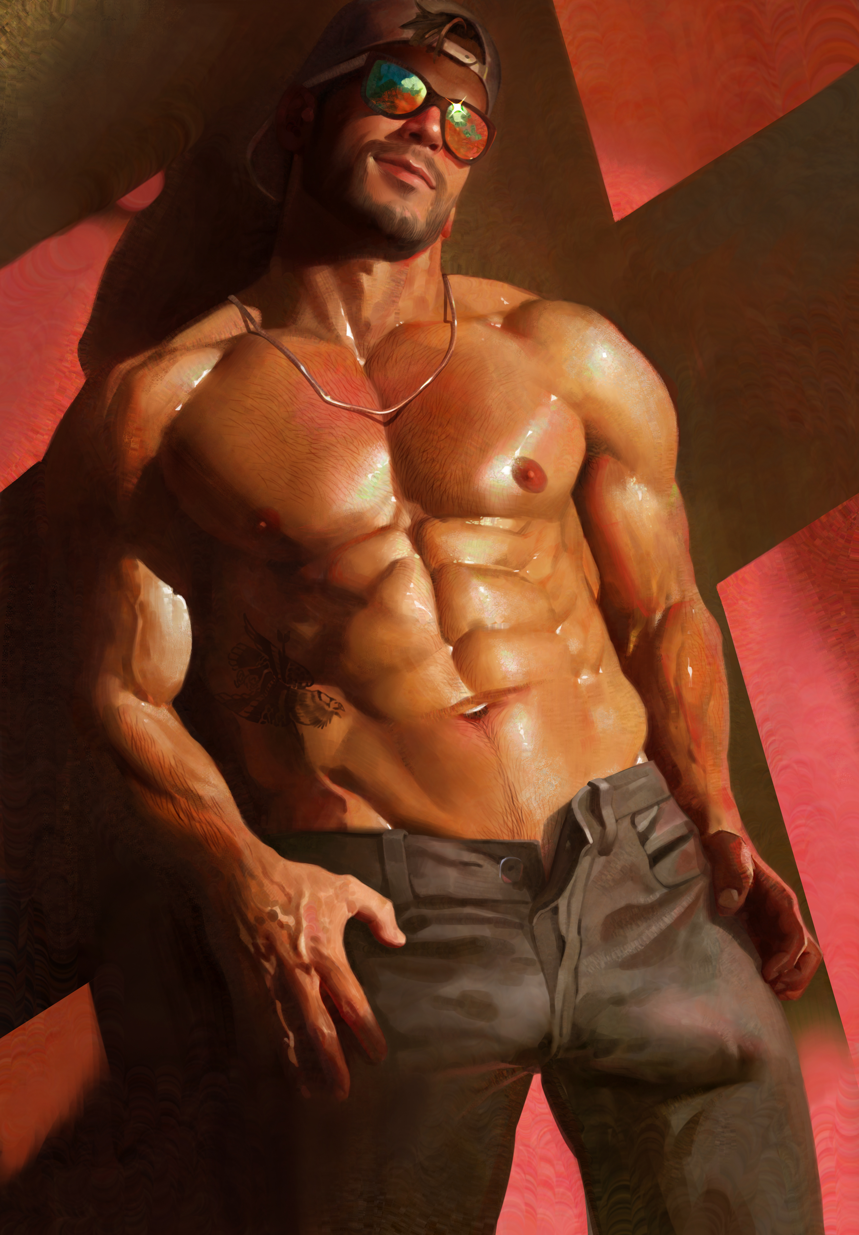 1boy, gay, grand theft auto, grand theft auto vi, jason duval, looking at viewer, male, male focus, male only, muscular, muscular male, qai san, rockstar games, shirtless, sunglasses, tagme, tattoo