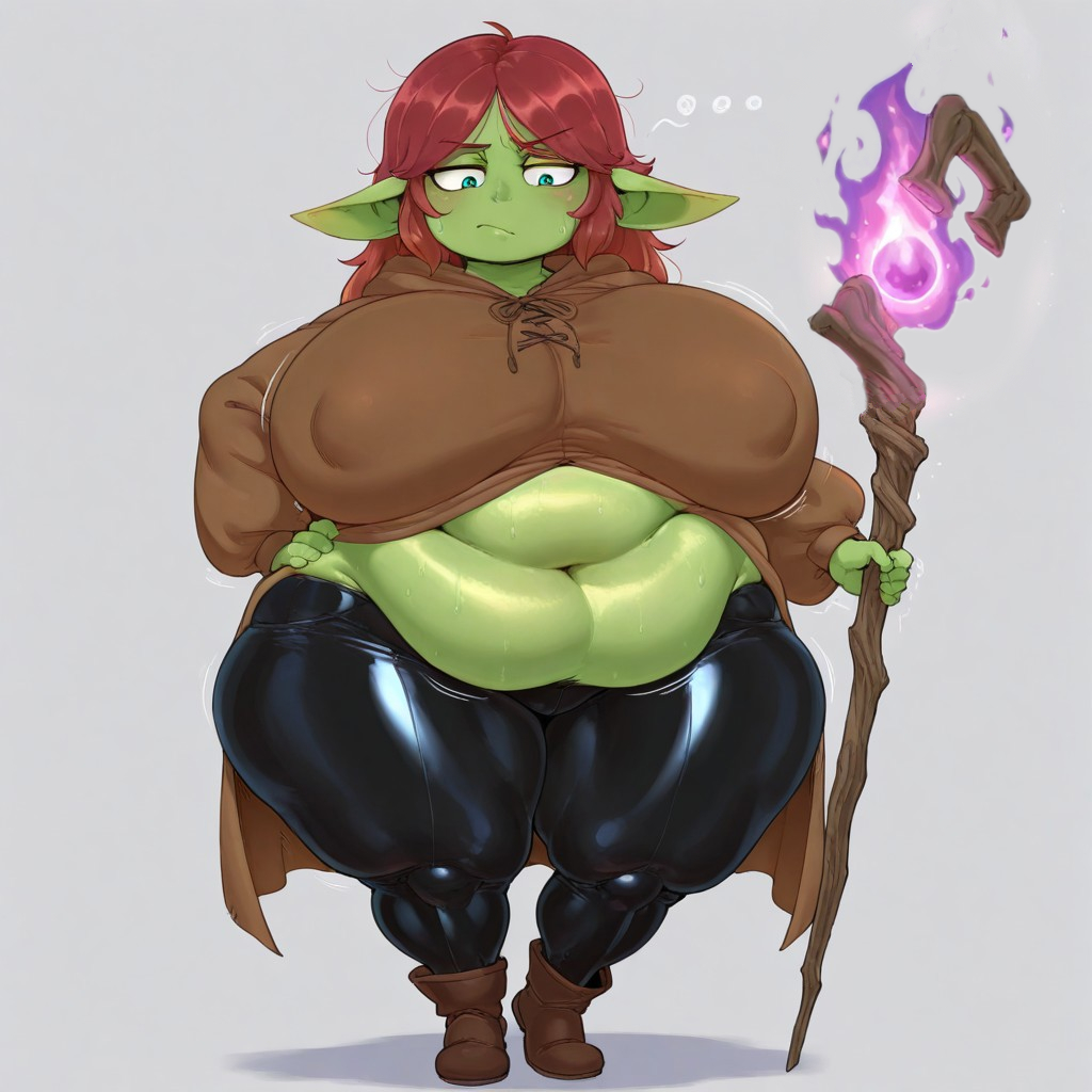ai generated, ass, belly, belly button, big breasts, black pants, breasts, cape, chubby, cyan eyes, female, goblin, goblin female, nipples bulge, oc, original character, pointy ears, red hair, siioh, slight blush, sweat, thick ass, thick thighs, unamused