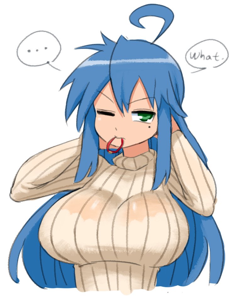 ... 1girls adjusting_hair ahoge alternate_breast_size alternate_costume arms_up big_breasts blue_hair bra breasts busty english_text female green_eyes hair_tie konata_izumi large_breasts long_hair long_sleeves lucky_star minus8 mole mole_under_eye mouth_hold one_eye_closed ribbed_sweater see-through simple_background solo speech_bubble spoken_ellipsis sweater underwear upper_body white_background white_bra