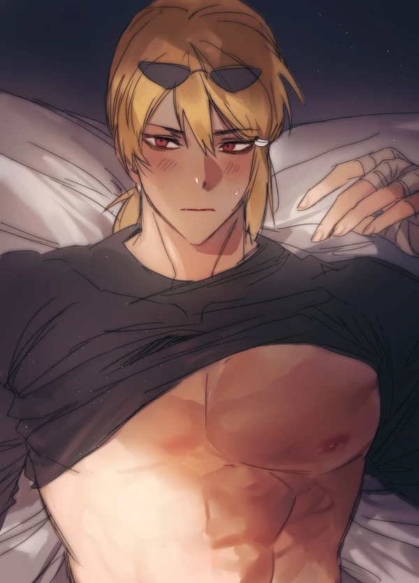 1boy bandaged_arm bandages bed bed_sheet black_shirt blonde_hair blush blushing_at_viewer danganronpa danganronpa_another dark-skinned_male dark_skin fanganronpa looking_at_viewer makunouchi_hajime male_only medium_hair muscular muscular_male ponytail pov pov_eye_contact red_eyes sdra2 shirt shirt_lift shirt_up smooth_skin sunglasses sunglasses_on_head super_danganronpa_another_2 sweatdrop