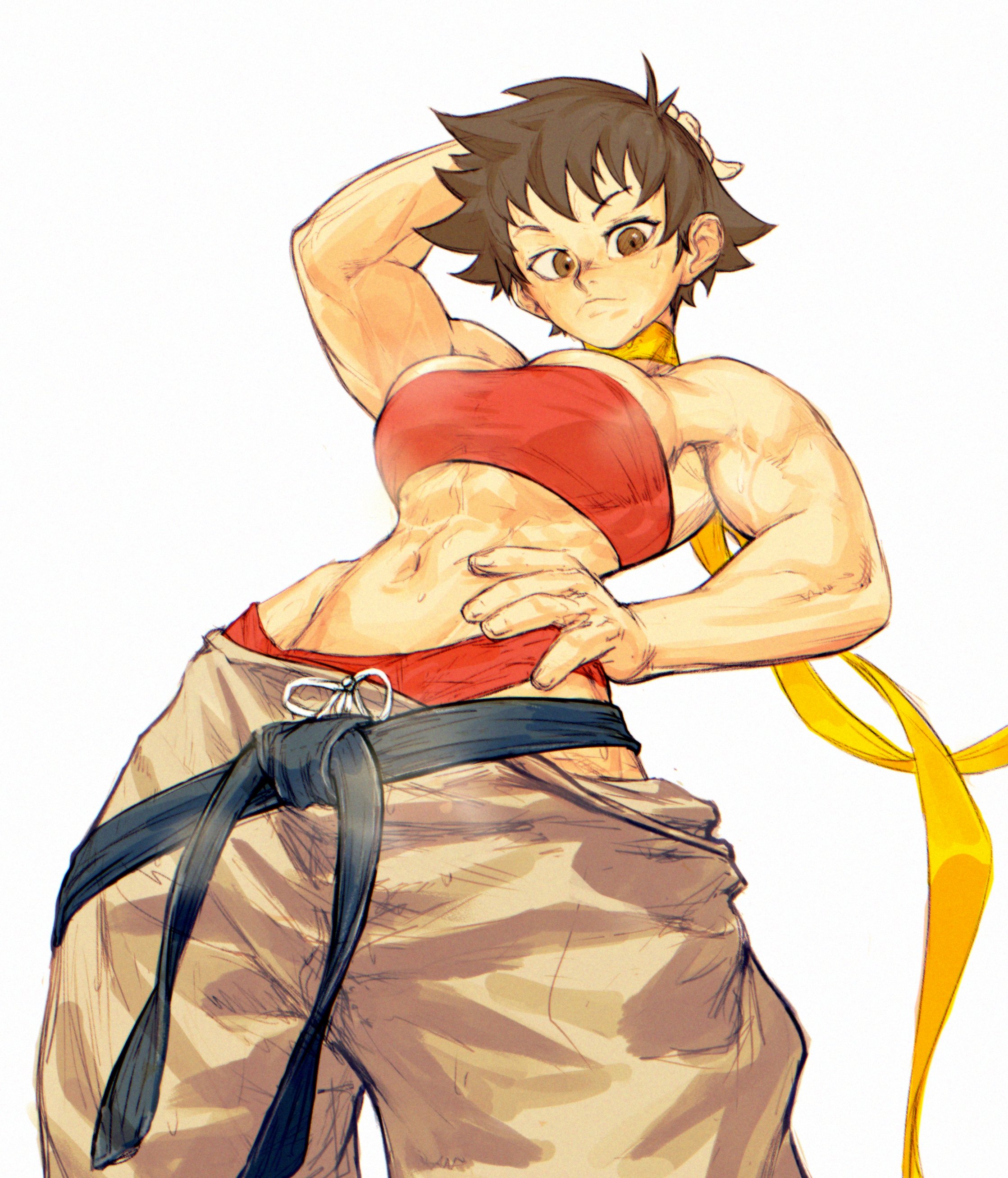2d, abs, athletic, athletic female, biceps, black hair, breasts, brown eyes, busty, female, female focus, female only, hourglass figure, karate, karate gi, kasusets, low-angle view, makoto (street fighter), muscular female, short hair, standing, street fighter, sweat, tagme, tomboy, toned, toned female, wide hips