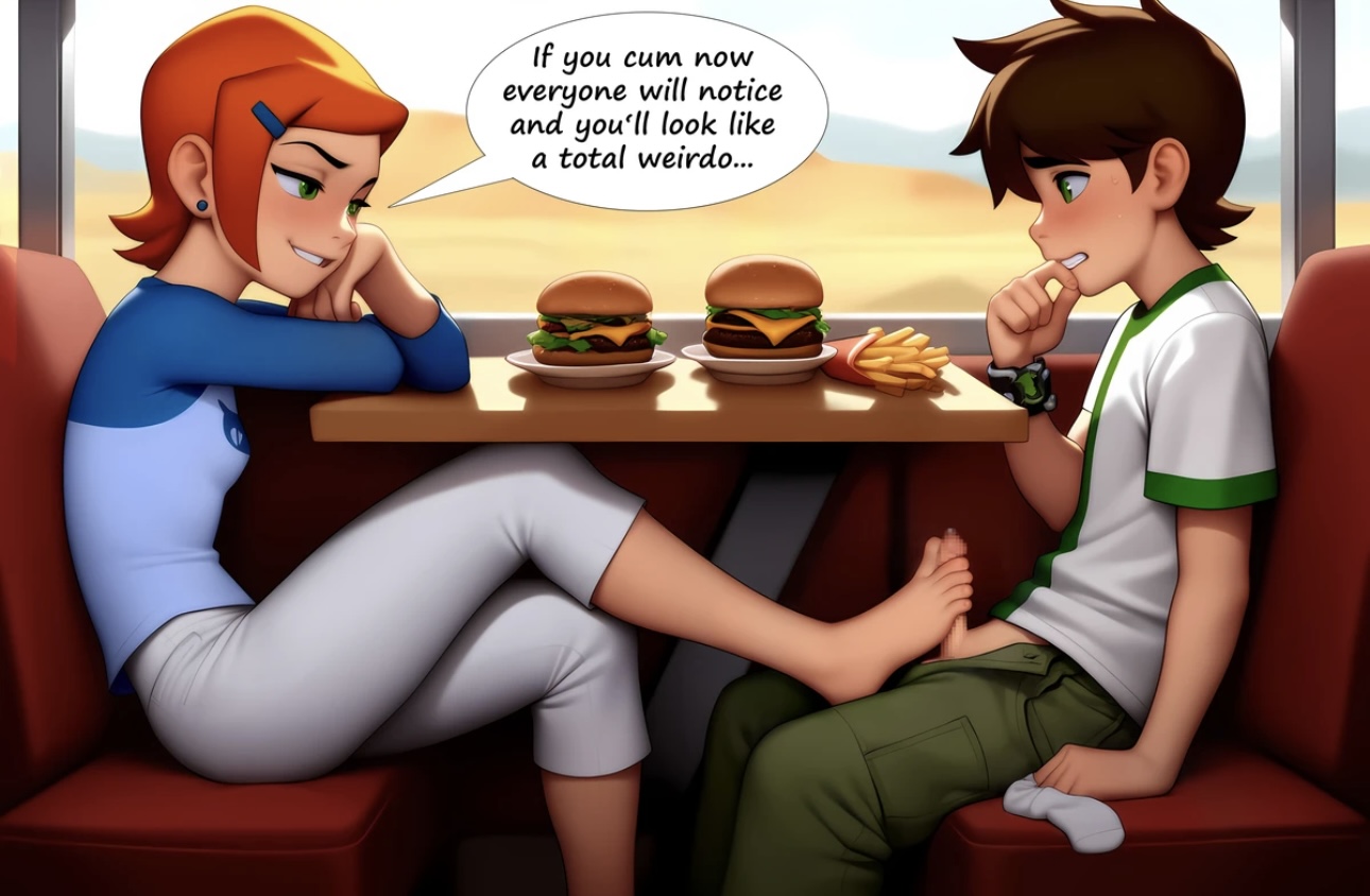 1boy, 1girls, ai generated, ben 10, ben tennyson, breasts, english text, female, food, footjob, gwen tennyson, hamburger, incest, male, penis, public sex, short hair, sitting, stealth footjob, under table footjob, under the table