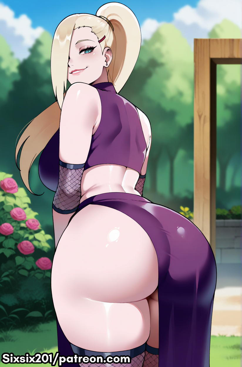 ai generated, ass, big ass, blonde hair, female, female focus, female only, ino yamanaka, looking at viewer, naruto (series), sixsix201, smile, smile at viewer