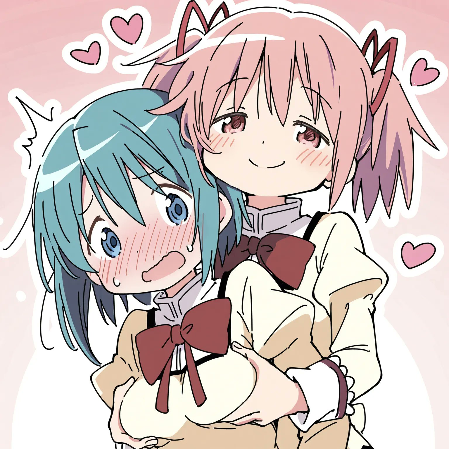 ^^^, 2girls, ai generated, blue hair, blush, breast grab, breasts, cute, dubious consent, female, female only, flat chest, flat chested, full-face blush, groping, groping breasts, groping from behind, hair ornament, heart, kaname madoka, madoka kaname, magical girl, medium breasts, miki sayaka, nervous, no visible genitalia, petite, pink hair, puella magi madoka magica, shocked, small breasts, sweat, yuri
