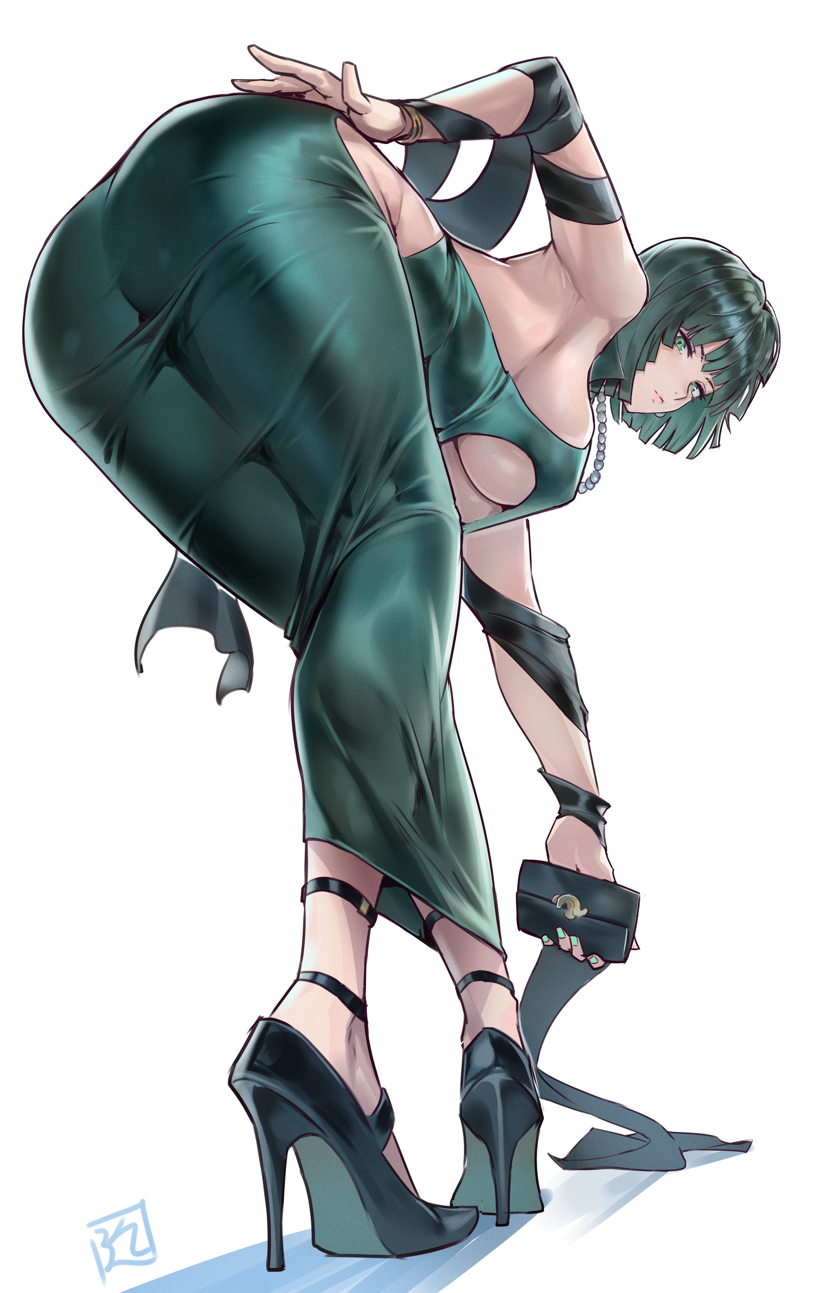 1girls, armpits, ass, bending over, breasts, cleavage, clothing cutout, dress, female, female only, fubuki (one-punch man), fully clothed, heels, hi res, high heels, juaagacgy, nail polish, no bra, no panties, one-punch man, painted fingernails, painted nails, stiletto heels, thighs, underboob, underboob cutout