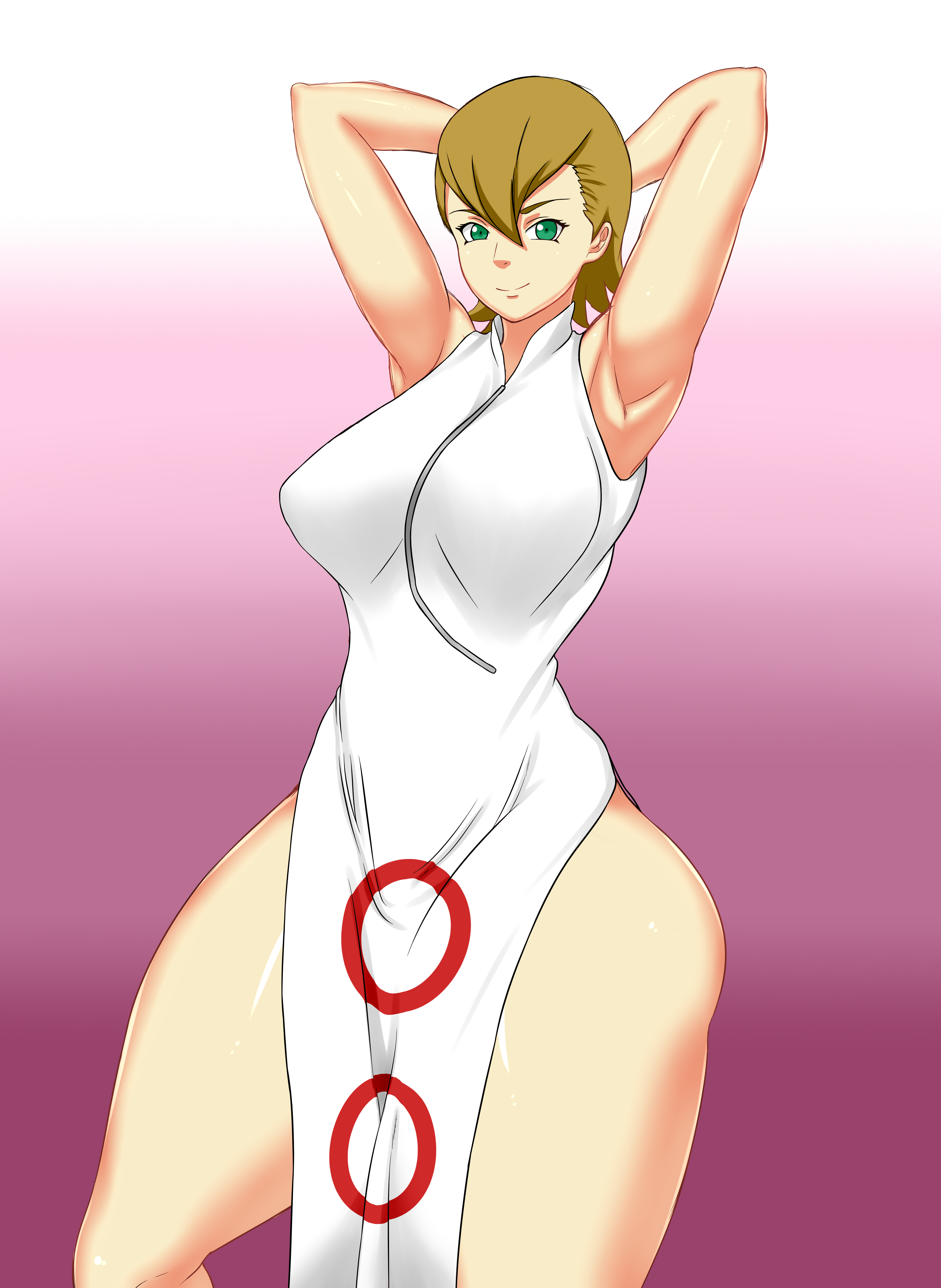 1girls, armpits, arms behind head, arms up, blonde hair, bottomless, clothing, dress, female, female only, green eyes, hair between eyes, haruno mebuki, hourglass figure, long hair, looking at viewer, mature, mature female, milf, mother, naruto, naruto (series), naruto shippuden, partially clothed, sleeveless, sleeveless dress, smile, solo, thick thighs, wide hips