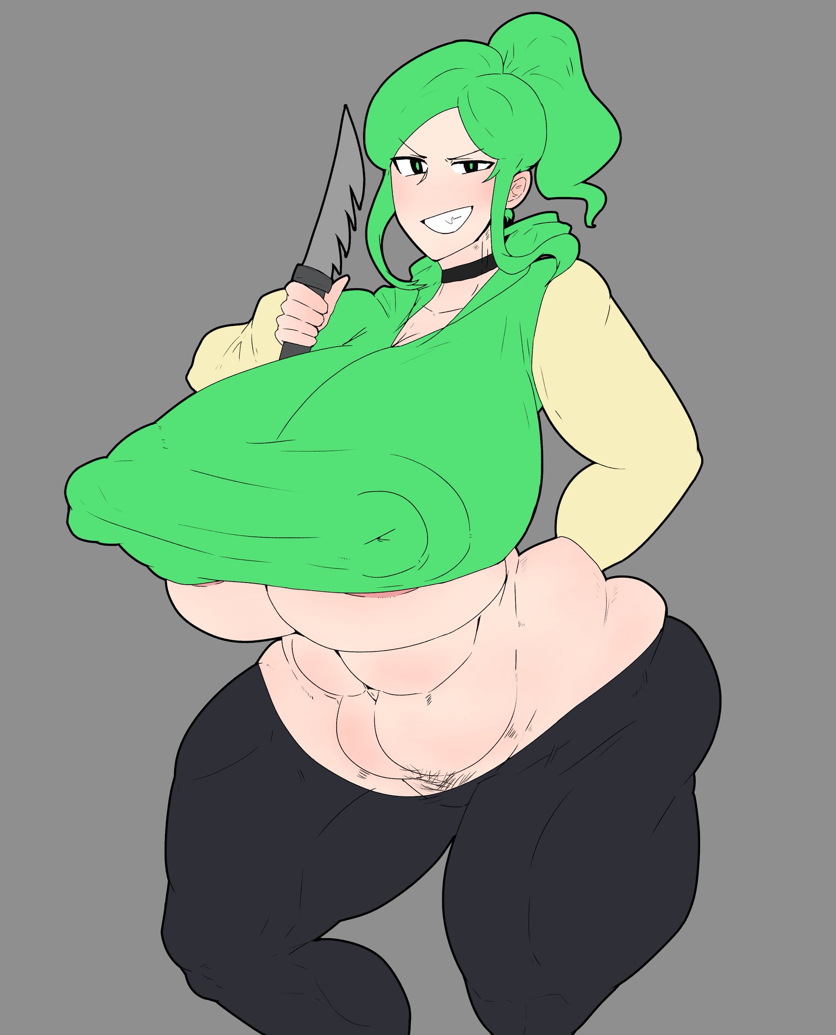 1girls, 925kyohei, big nipples, breasts, casual nudity, cleavage, clothed, evil smile, female, female only, friday night funkin, friday night funkin mod, green hair, huge breasts, implied ass cleavage, knife, mitori (vs human impostor), nipple bulge, nipples visible through clothing, no bra, no underwear, ponytail, pubic hair, revealing clothes, tagme, teasing, thick thighs, vs human impostor, vs impostor