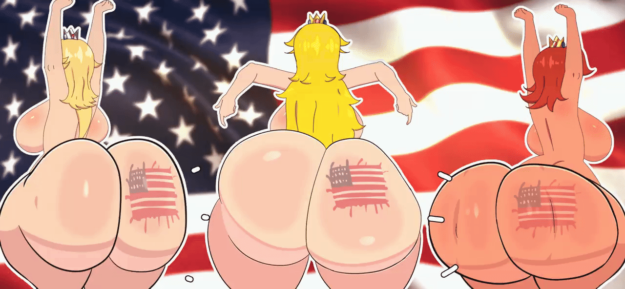 3girls, alternate version available, american flag, american flag background, american flag tattoo, animated, arms up, ass, ass focus, ass ripple, ass ripples, asstronsfw, big ass, blonde hair, clapping buttocks, fat ass, fat ass female, female, light skin, light-skinned female, mario (series), multiple females, multiple girls, nintendo, orange hair, princess daisy, princess peach, princess rosalina, super mario bros., tan skin, tan skinned female, twerking, twerking at viewer, wobbling ass