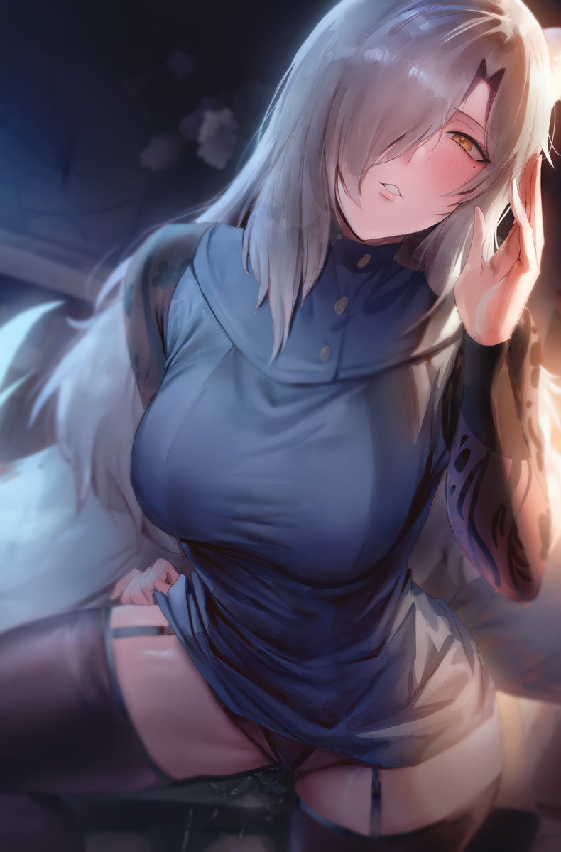 atlus, breasts, dog girl, fabienne vulpes, female, large breasts, long hair, looking at viewer, metaphor: refantazio, rororo, silver hair, yellow eyes