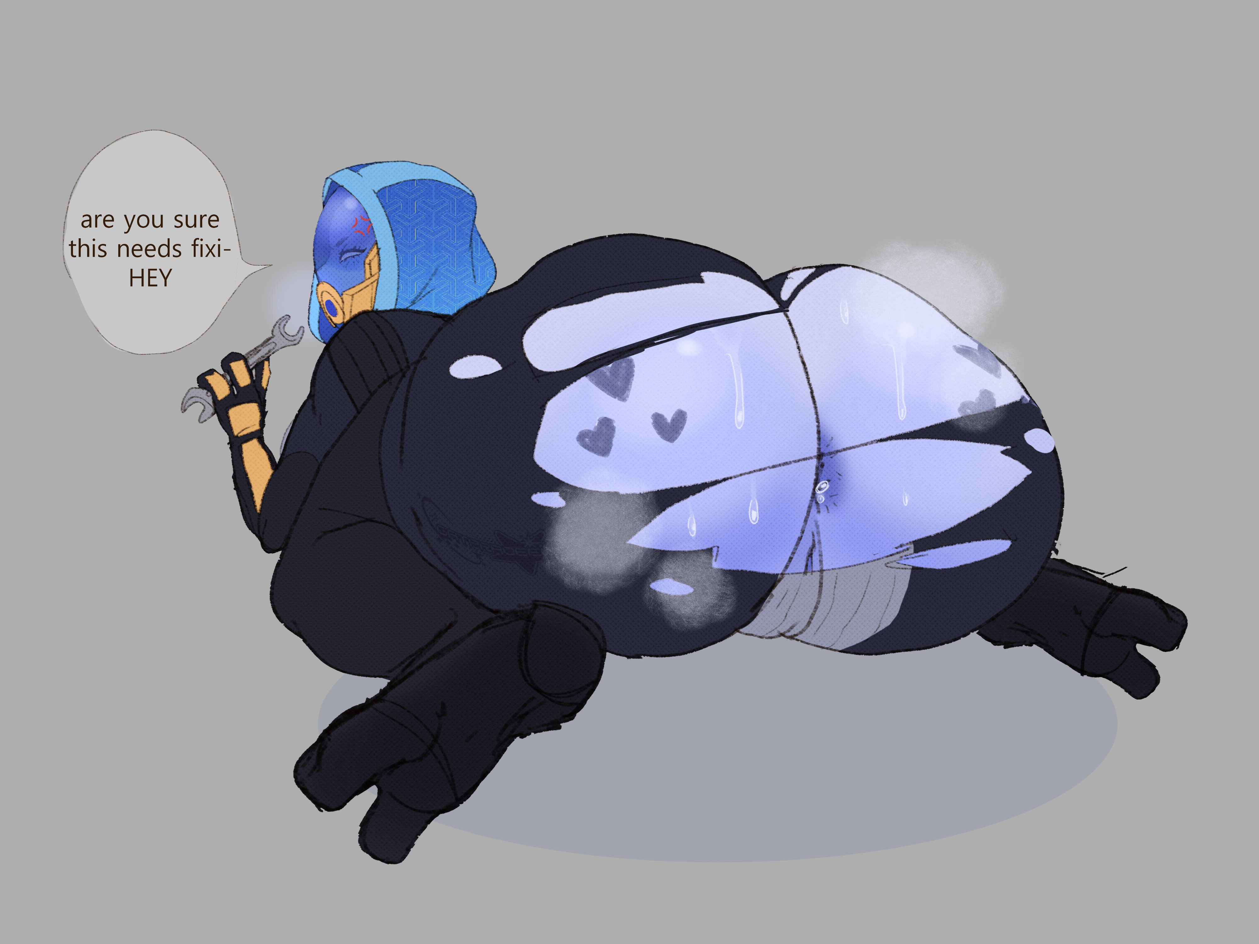 1girls, anus, ass, big ass, clothing, fat ass, female, gatoradeew, huge ass, looking at viewer, mask, mass effect, pussy, quarian, ranni (gatoradeew), ripped clothing, solo, solo female, sweat, sweaty ass, thick ass, thick thighs, wide hips