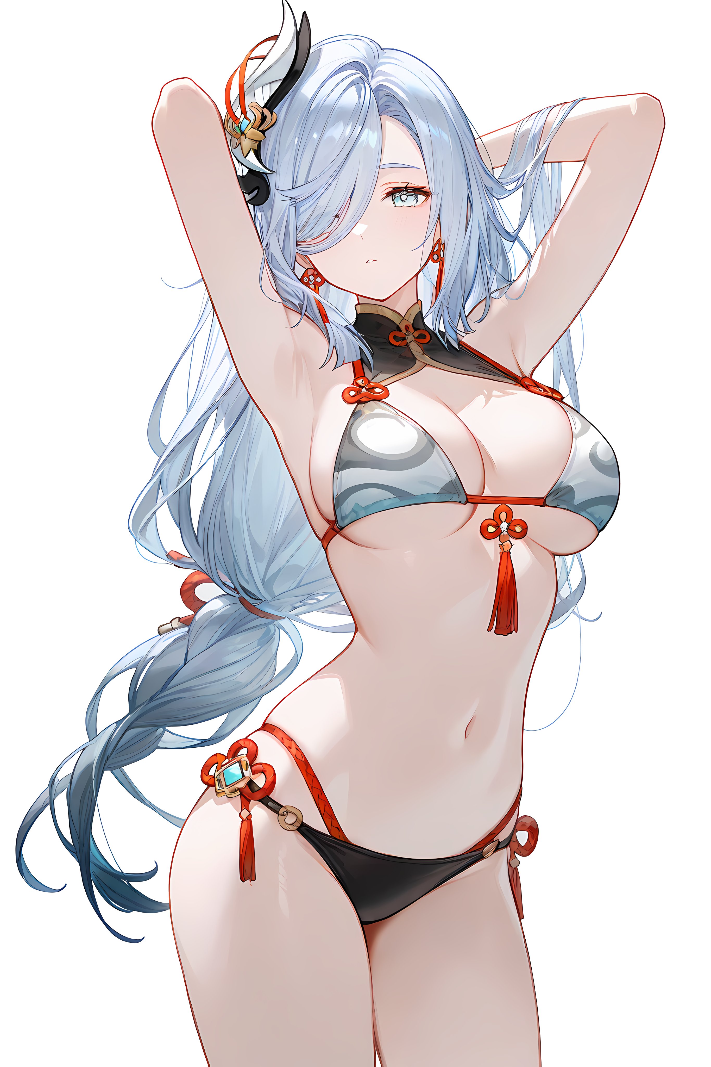 armpits, belly, breasts, female, genshin impact, large breasts, long hair, navel, shenhe (genshin impact)