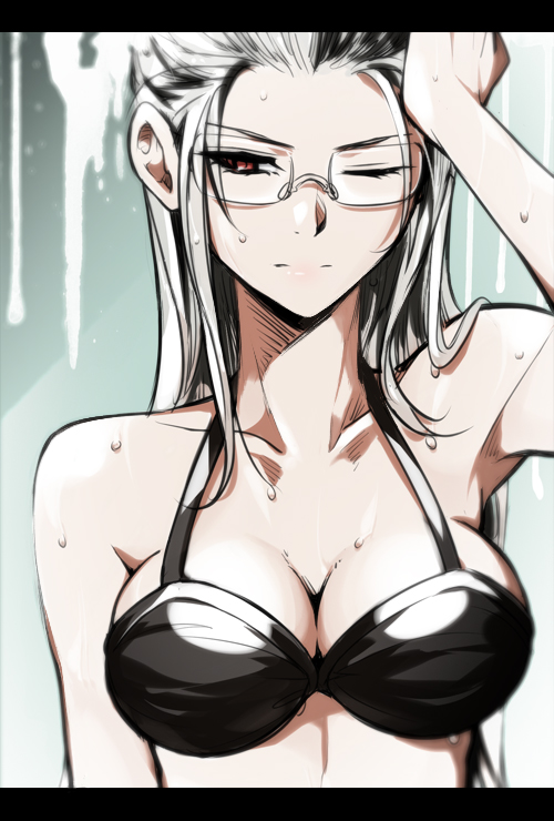 10s bikini black_bikini breasts cleavage closed_mouth danganronpa_(series) danganronpa_2:_goodbye_despair female female_focus glasses hair_down hand_on_forehead kanata_(loser51) large_breasts letterboxed long_hair one_eye_closed pekoyama_peko red_eyes solo swimsuit upper_body wet wet_hair white_hair