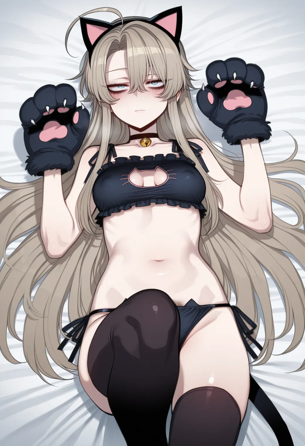 1girls ahoge ai_generated animal_hands bags_under_eyes bell bell_choker black_bra black_choker black_lingerie black_panties black_thighhighs black_underwear blue_eyes blush bra breasts cat_cutout cat_ear_panties cat_ears cat_lingerie cat_tail choker cleavage_cutout closed_mouth covered_nipples expressionless eyelashes fake_animal_ears fake_tail female female_human female_only female_pubic_hair frills hair_between_eyes half-closed_eyes illustrious_(stable_diffusion) jingle_bell knee_up light_brown_hair lingerie long_hair lying meme_attire milua navel neck_bell on_back on_bed original original_character panties parted_bangs paw_gloves pubic_hair pubic_hair_peek self_upload side-tie_panties sidelocks solo solo_female stomach tail thighhighs underwear very_long_hair wai-nsfw-illustrious-sdxl