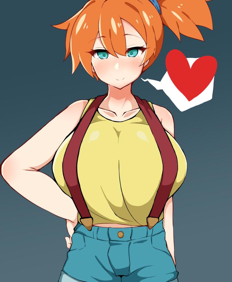 1girls, alternate breast size, big breasts, blush, breasts, detritus, duvet208, female, green eyes, heart, huge breasts, kasumi (pokemon), large breasts, misty (pokemon), nintendo, orange hair, pokemon, pokemon rgby, red hair, shorts, suspenders, wide hips