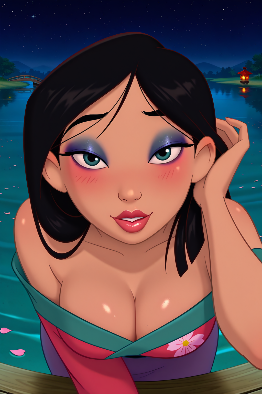ai_generated badassoverlord94_(ai_generator) black_hair blue_eyes blush breasts cleavage collarbone disney down_blouse eyeshadow fa_mulan lake lips lipstick long_hair looking_at_viewer mulan mulan_(1998_film) night petals pov sky stars touching_hair