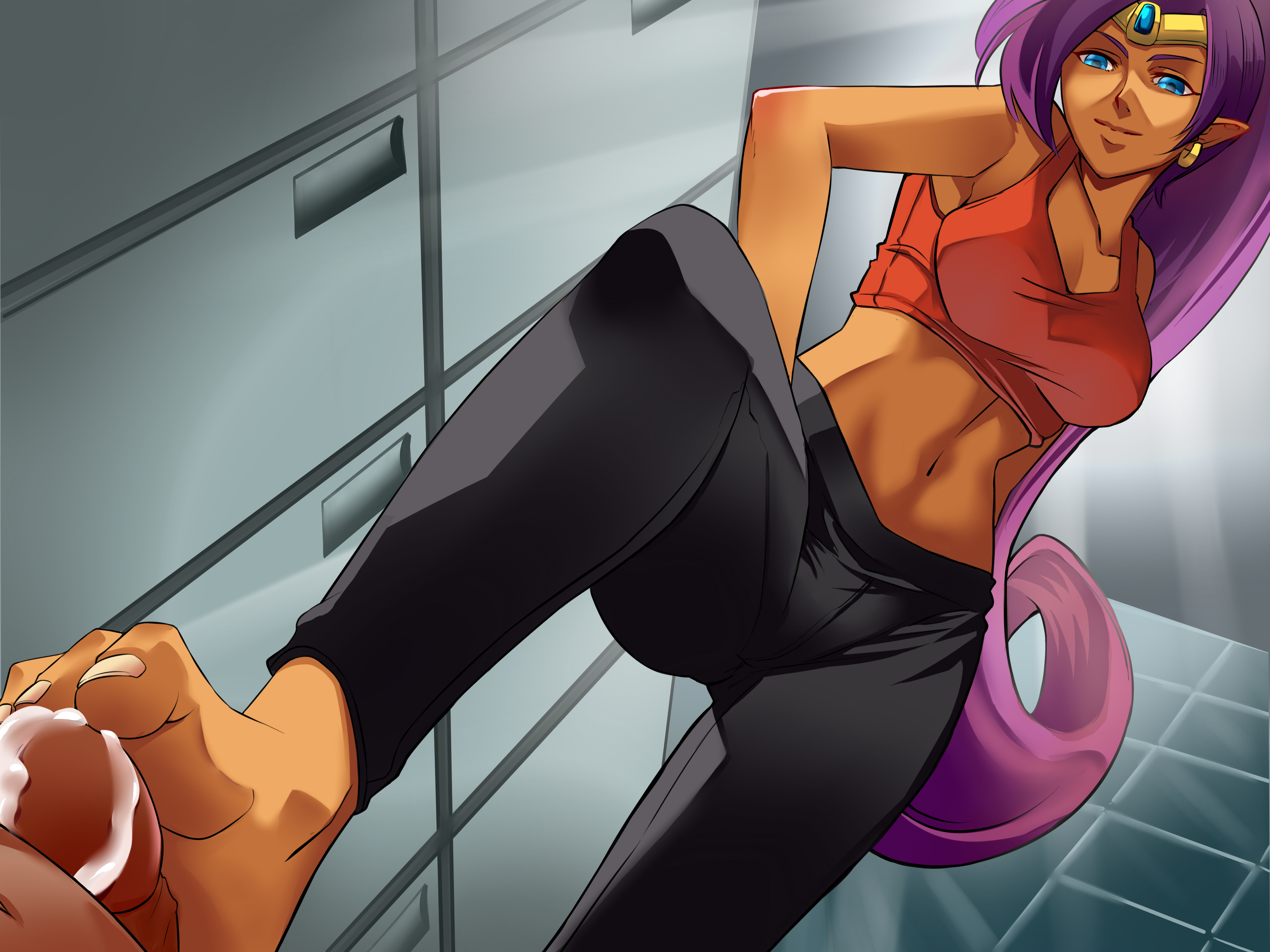 1boy, 1girls, background, barefoot, blue eyes, breasts, brown skin, closed mouth, clothed female nude male, cum, dark skin, dark-skinned female, earrings, feet, female, femdom, footjob, highres, hoop earrings, jewelry, locker, locker room, long hair, looking down, male, penis, pointy ears, ponytail, purple hair, rafaka art, red sports bra, shantae, shantae (character), smile, smooth skin, sports bra, standing, standing footjob, straight, tan skin, thighs, tiara, toes, unseen male face, very long hair, yoga pants