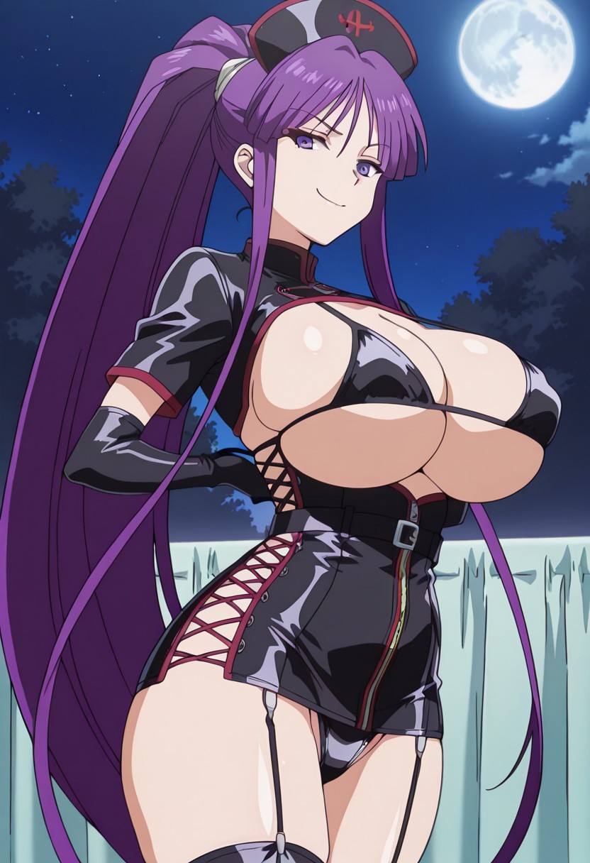 1girls ai_generated alternate_costume arms_behind_back armwear bangs belt big_breasts bikini_top breasts bwandon civitai clothing cloud curtains curvy eiken elbow_gloves eyelashes female female_focus female_only garter_straps gloves half-closed_eyes hat highres huge_breasts human illustrious_(stable_diffusion) kirika_misono large_breasts latex latex_armwear latex_clothing latex_gloves latex_legwear latex_stockings latex_thighhighs legwear looking_at_viewer looking_down micro_bikini microskirt miniskirt moon night nipple_bulge nipples nipples_visible_through_clothing nurse nurse_cap outdoors pinup plant ponytail purple_eyes purple_hair railing revealing_clothes shiny_skin short_sleeves side_view sideboob skimpy skindentation skirt smile solo solo_female stockings thick_thighs thighhighs thighs tied_hair tree underboob underwear very_long_hair voluptuous
