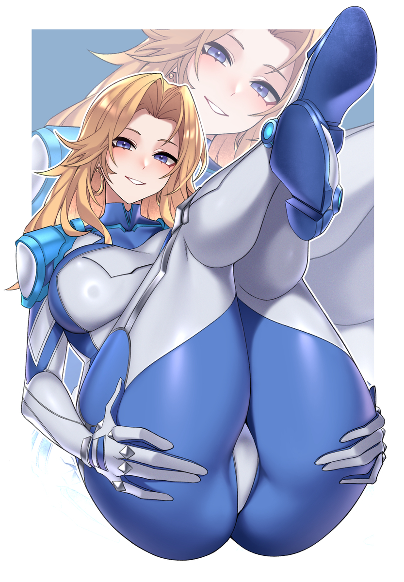 1girls, 2d, absurdres, ass, blonde female, blonde hair, blush, border, breasts, clothed, clothed female, commission, dogs (dlrkdejr26), fantastic four, female, hands on ass, highres, invisible woman, invisible woman (marvel rivals), large ass, large breasts, long hair, looking at viewer, marvel, marvel comics, marvel rivals, smile, smiling at viewer, smilling, sue richards, sue storm, thight clothing, white border