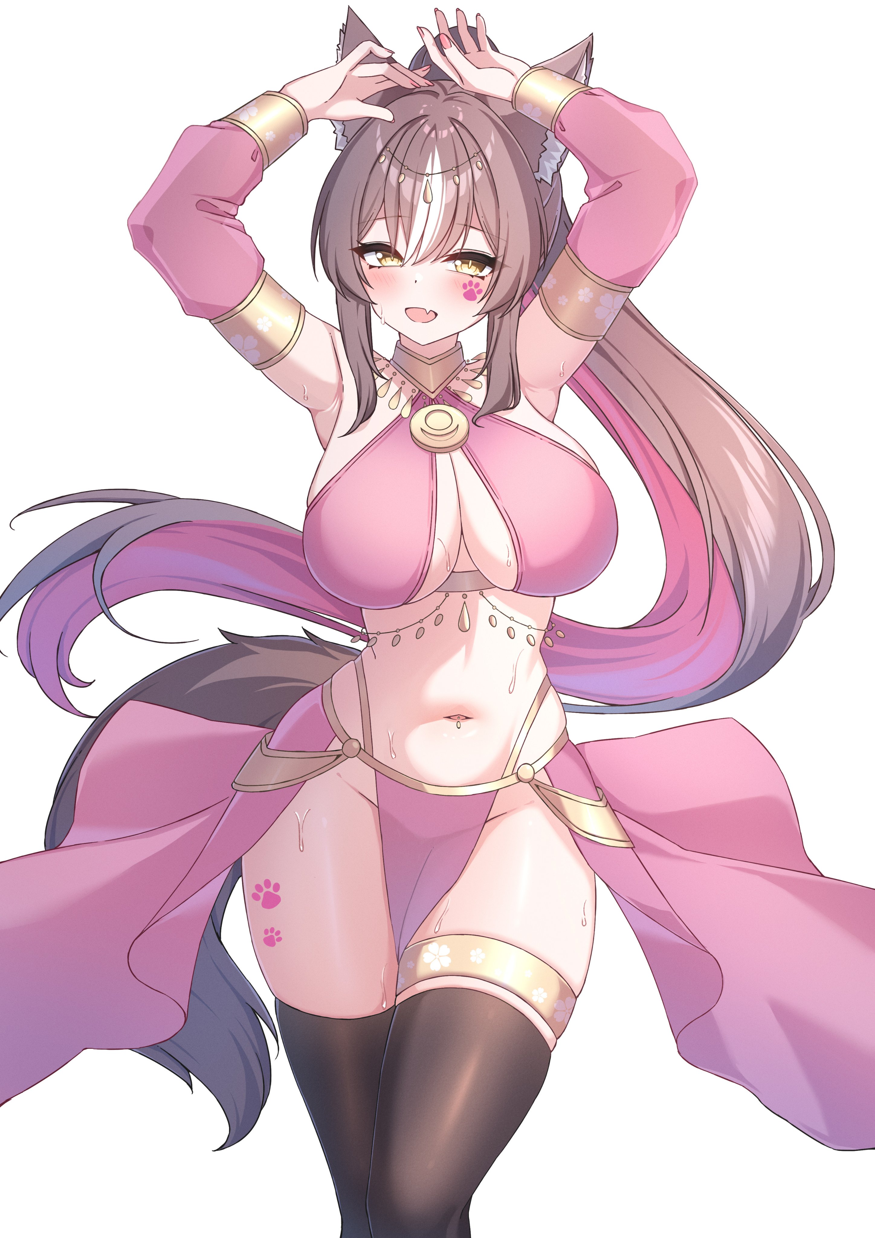 absurdres, animal ears, arabian clothes, armpits, arms up, belly, belly dancer, belly dancer outfit, breasts, brown hair, chisaka airi, cleavage, female, harem girl, harem outfit, highres, large breasts, maru.selinn, midriff, multicolored hair, nail polish, navel, pelvic curtain, phase connect, pink hair, pink nails, second-party source, sideboob, streaked hair, tail, tattoo, thighhighs, thighs, virtual youtuber, vtuber, white hair, wolf ears, wolf tail, yellow eyes
