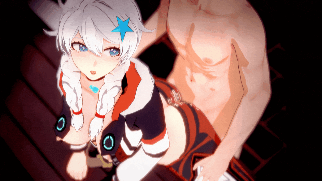 1boy, 1girls, 3d, 3d animation, ahoge, animated, animated gif, ass, ass cleavage, ass crack, bench, black jacket, black pants, blinking, blue eyes, blush, bouncing breasts, braid, breasts, bright pupils, butt crack, choker, closed mouth, clothed female nude male, collarbone, crop top, cropped jacket, eyelashes, female, from above, hair between eyes, hair ornament, hair over shoulder, hands on another's thighs, head out of frame, head tilt, honkai (series), honkai: nexus anima, hood, hood down, hooded jacket, jacket, kiana kaslana, koikatsu, legs, long hair, long legs, long sleeves, looking at another, looking back, low twintails, male, medium breasts, messy hair, multicolored jacket, multicolored pants, muscular, muscular male, nipples, nose, nude, on bench, one eye closed, open clothes, open jacket, open mouth, orange jacket, orange pants, outdoors, pants, penis, sex, sex from behind, shinaosumata, sidelocks, smile, split, spread legs, star (symbol), star hair ornament, star-shaped pupils, sweatpants, symbol-shaped pupils, tongue, torn clothes, torn pants, twin braids, twintails, vignetting, white hair, white jacket, white pupils, wink, wooden bench