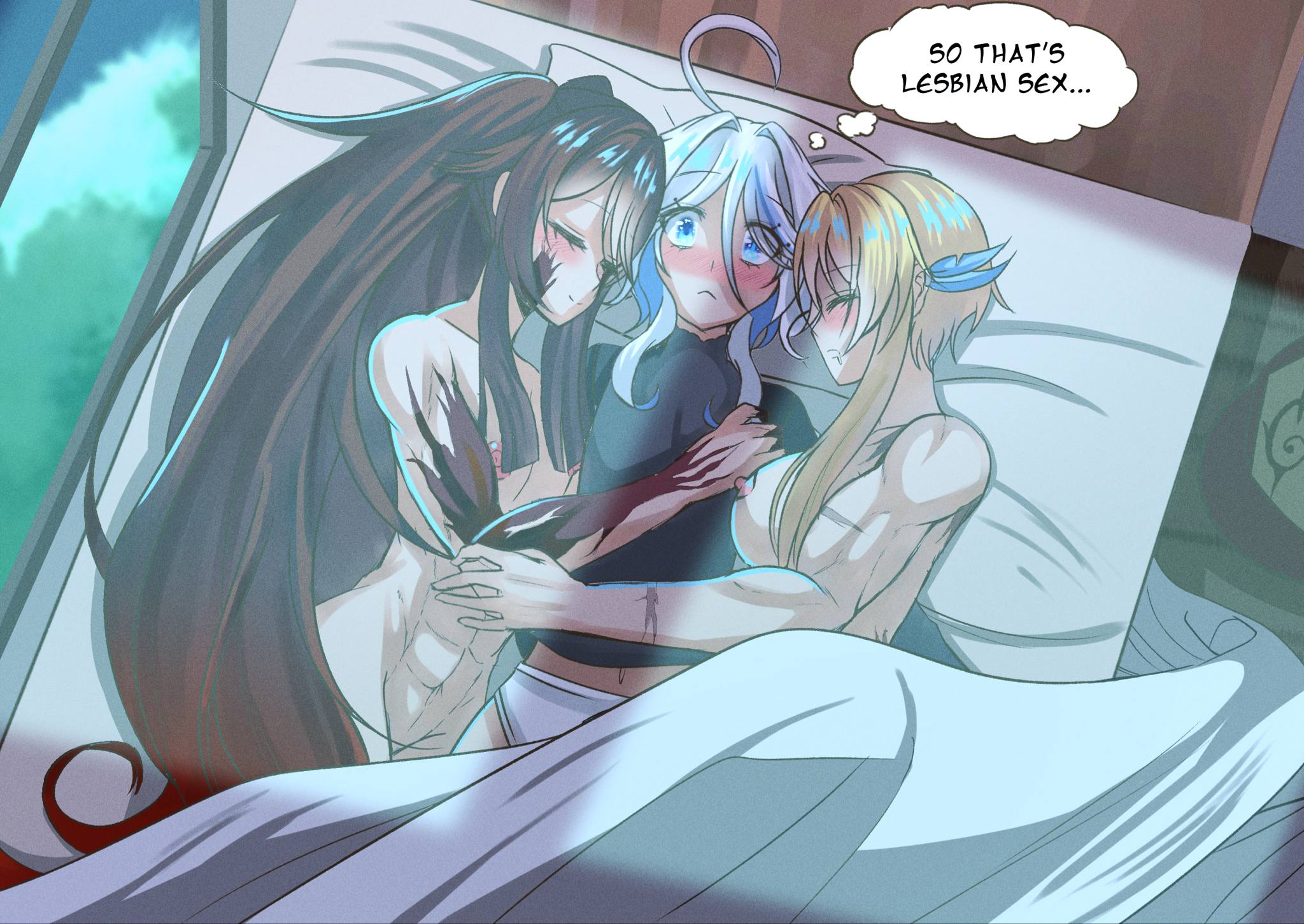 3girls, abs, after sex, ahoge, bed, big breasts, blanket, blonde hair, blush, breast press, breasts, brown hair, female, furina (genshin impact), genshin impact, hu tao (genshin impact), kissing, large breasts, lumine (genshin impact), meme, muscular, muscular arms, muscular back, muscular female, muscular thighs, nipples, nude, nude female, polyamory, polygamy, scar on arm, scar on back, scar on face, scars all over, size difference, sleeping, threesome, threeway, twintails, white hair, wholesome, yukiart 83, yuri