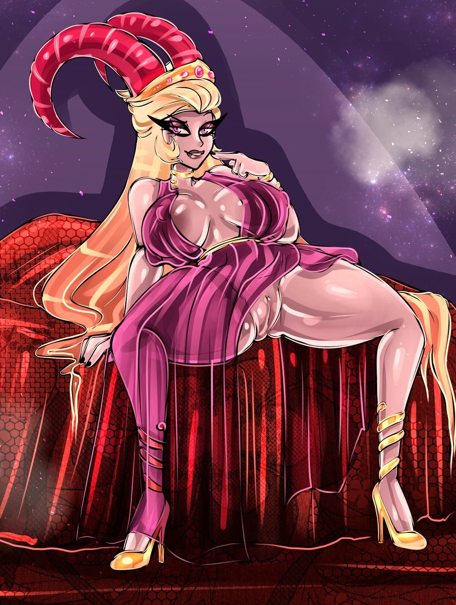 big breasts, bitterbunz, blonde hair, blush, breasts, clothed, clothes, clothing, demon, demon girl, demon horns, dress, female, female only, hair, hazbin hotel, horns, legs, lilith morningstar (hazbin hotel), mature, mature female, milf, nipples, open mouth, open smile, partially clothed, pussy, solo, spread legs, thick thighs