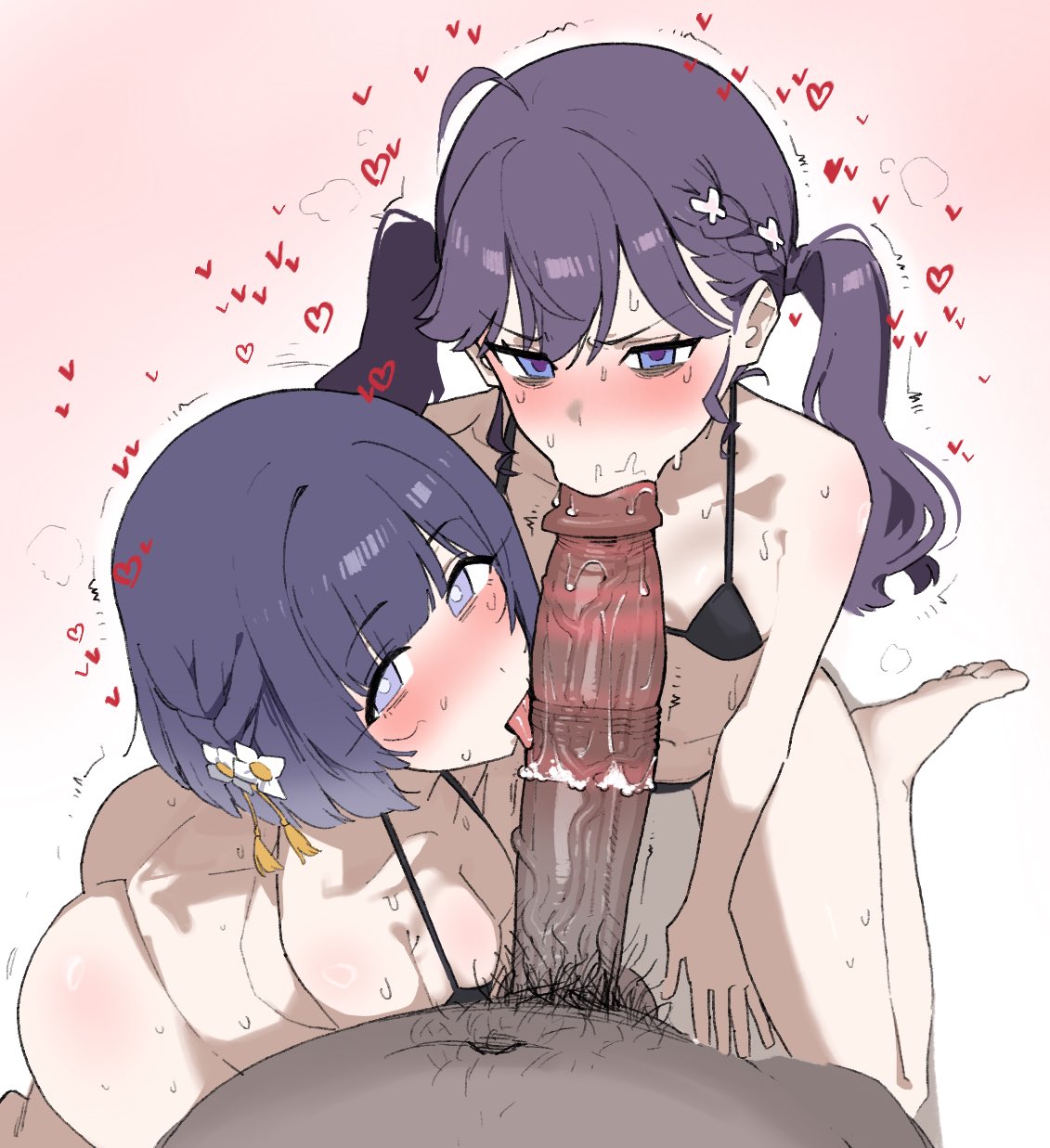 1boy 2girls ahoge barefoot bikini black_bikini blue_eyes blue_hair blush bottomless cooperative_fellatio dark-skinned_male dark_skin erection fellatio ffm_threesome flower fried_bocky gakuen_idolmaster group_sex hair_flower hair_ornament hataya_misuzu heart highres huge_cock idolmaster kaya_rinha licking licking_penis lipstick_ring long_hair looking_at_viewer multiple_girls oral penis pov purple_hair short_hair swimsuit teamwork_(sexual) threesome tongue tongue_out twintails uncensored veins veiny_penis white_flower