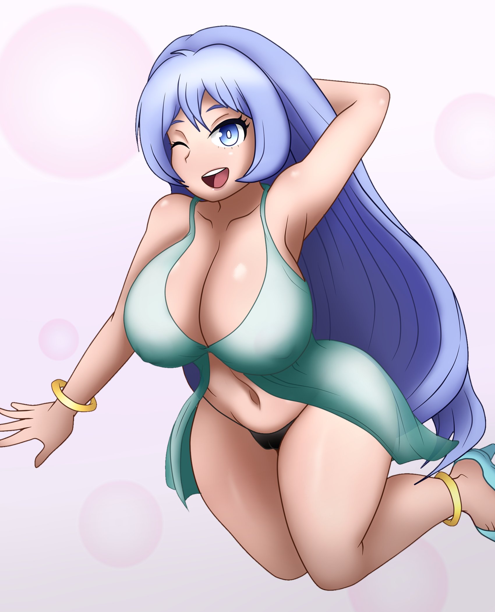 1girls, armpits, big breasts, blue eyes, blue hair, blue-haired female, breasts, cucarachaaa, eye contact, female, happy, high heels, huge breasts, large breasts, looking at viewer, my hero academia, nejire hado, one eye closed, revealing clothes, solo, thick thighs, thighs, thong, wide hips, wink