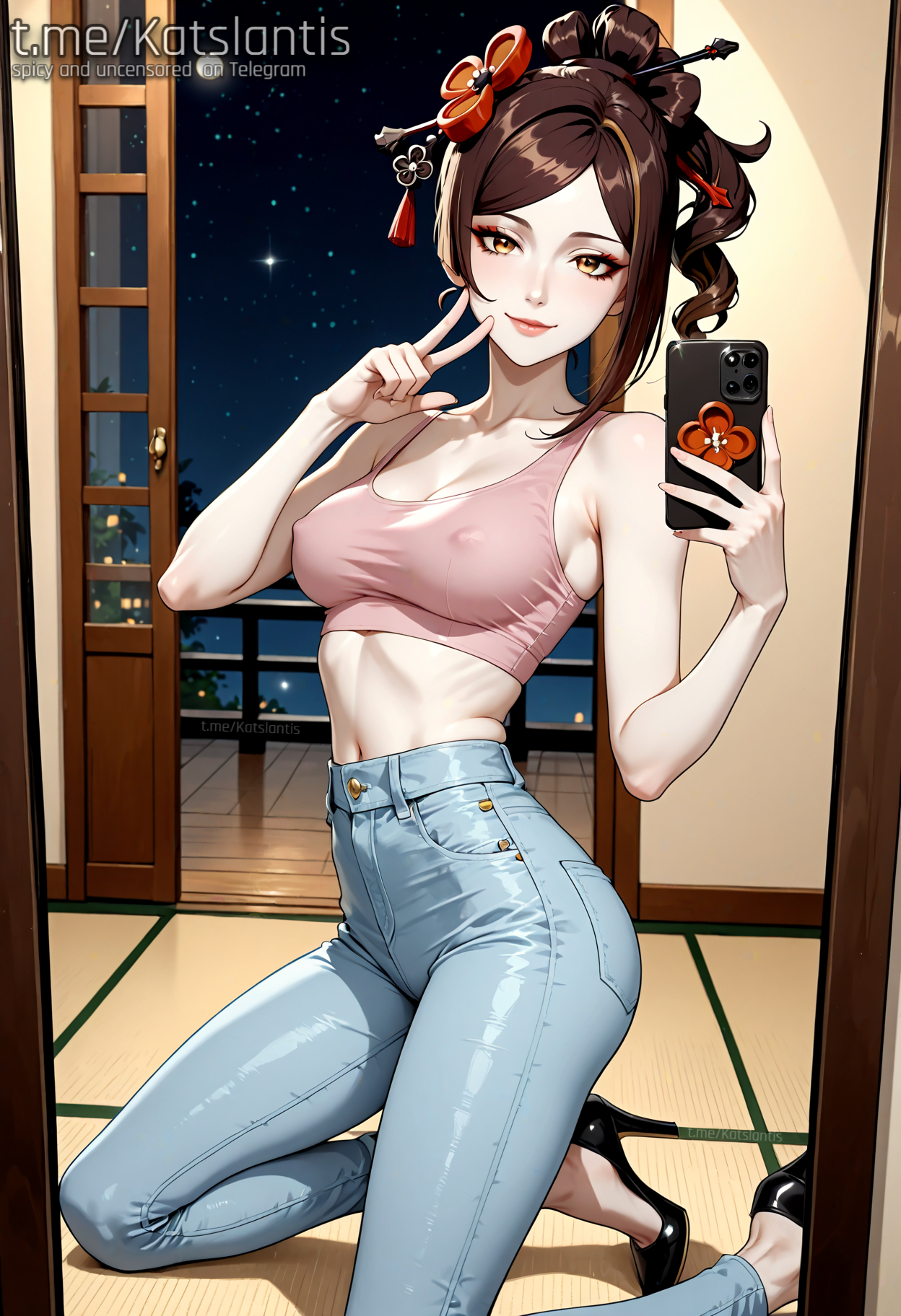 ai generated, ass, ass visible through thighs, bedroom, bedroom background, braless, breasts, chiori (genshin impact), erect nipples, erect nipples under clothes, female, flat stomach, flushed, flushed face, genshin impact, gesture, glossy skin, hips, jeans, kneeling, kneeling female, kneeling position, looking at viewer, mihoyo, mihoyo technology (shanghai) co. ltd., nipple outline, nipples, nipples bulge, nipples visible through clothes, nipples visible through clothing, no bra, no panties, pants, peace sign, phone, phone call, phone sex, phone view, pink sports bra, posing, posing for the viewer, posing in mirror, raised hips, selfie, selfie pose, slim waist, small breasts, smirk, smirking at viewer, sports bra, tight clothes
