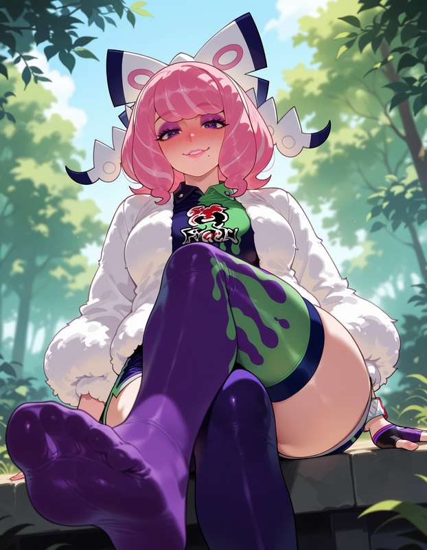 1girls, ai generated, balecxi, feet, female, klara (pokemon), pink hair, pokemon, stockings, tagme