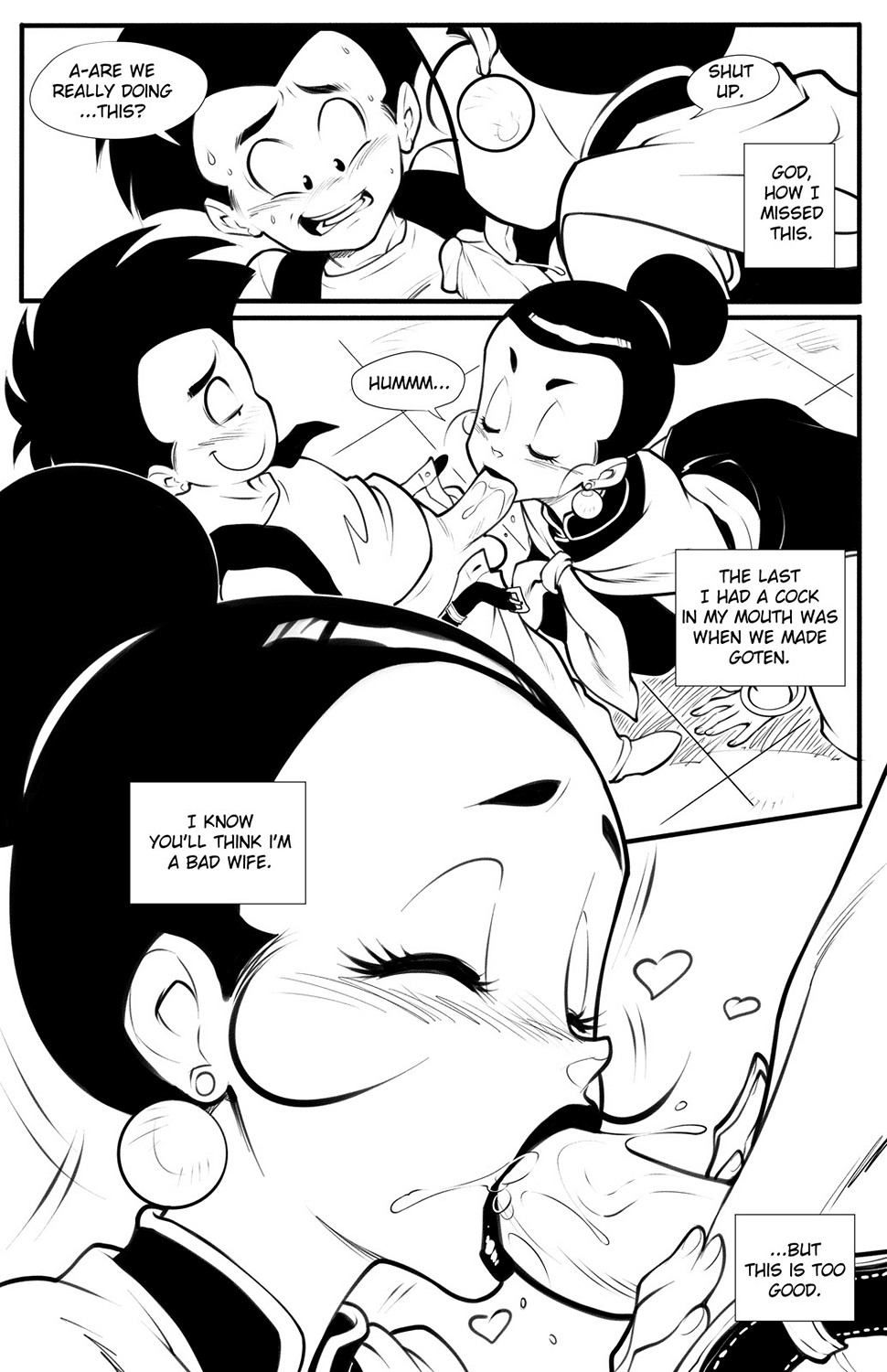 1boy, 1girls, bikini, black and white, black hair, blowjob, cheating wife, chichi, closed eyes, clothed, dragon ball, dragon ball z, earrings, fellatio, female, hair bun, krillin, kuririn, lipstick, long hair, male, milf, money, mother, penis, prostitution, r ex