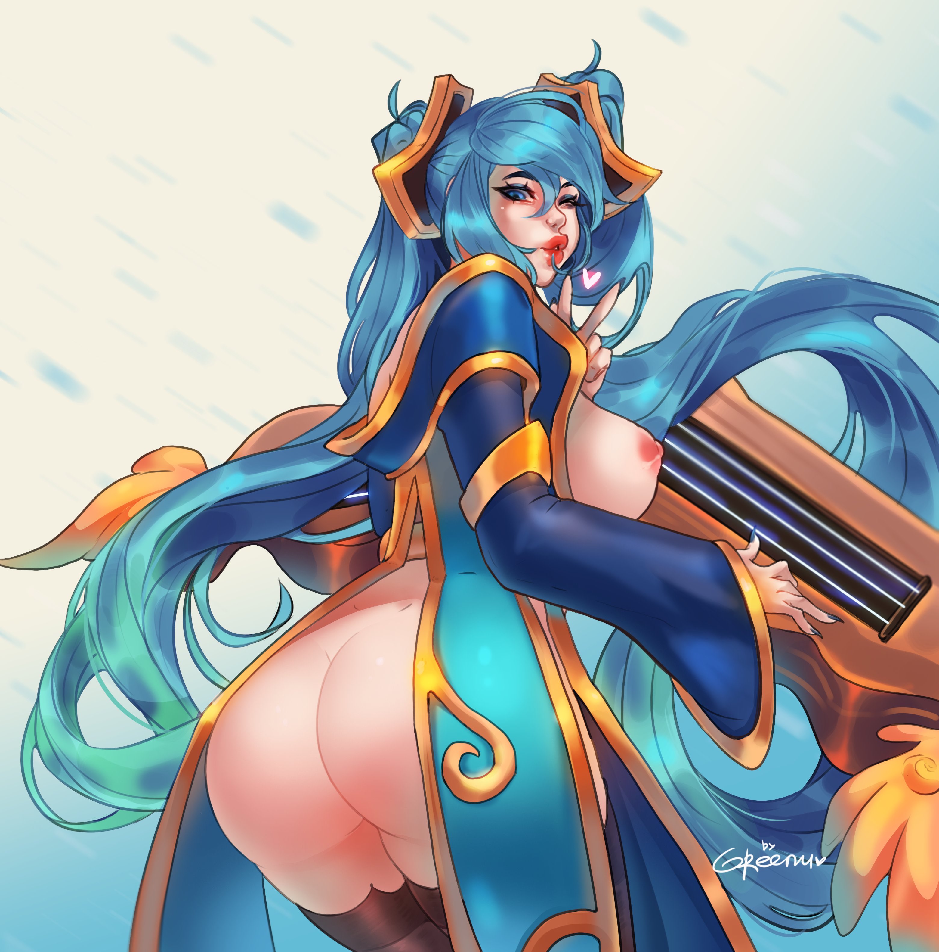 ass, big breasts, blue hair, breasts, female, greenu, heart, league of legends, looking back at viewer, nipples, partially clothed, sideboob, sona buvelle, stockings, tagme, twintails
