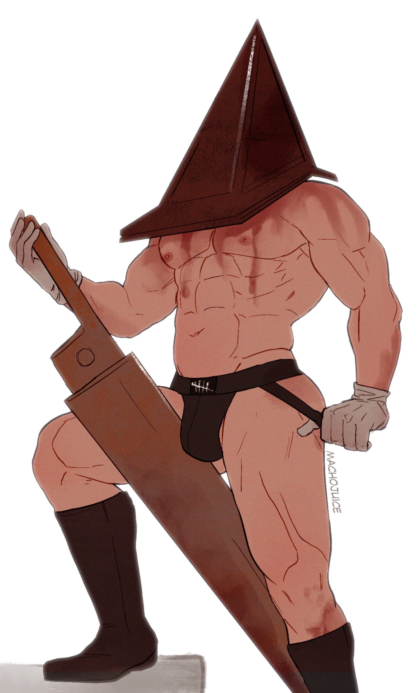 1boy, bulge, dead by daylight, horror, jockstrap, machojuice, male, male only, muscles, pyramid head, silent hill, silent hill 2, simple background, solo, solo male, weapon, white background