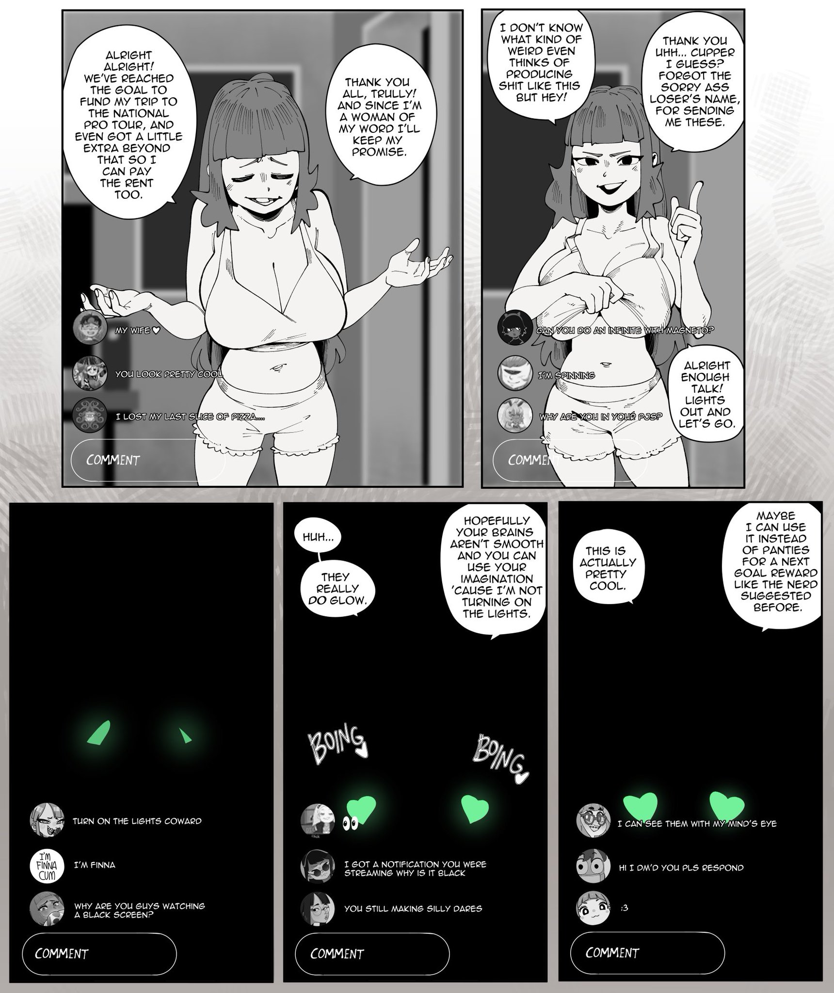1girls, 2020s, 2025, 2025s, big breasts, boing, bra, breasts, breasts bigger than head, comic, comic panel, command grab, eyes closed, female, finger pointing, glow in the dark, glowing pasties, green pasties, hair down, huge breasts, implied nudity, lights off, lights out, nuclearwasabi, pasties, slim waist, solo, solo female, solo focus, stream chat, streamer, streaming, talking, text, text bubble, top heavy, top heavy breasts, topless, topless female, twitter link, twitter username, voluptuous, voluptuous female